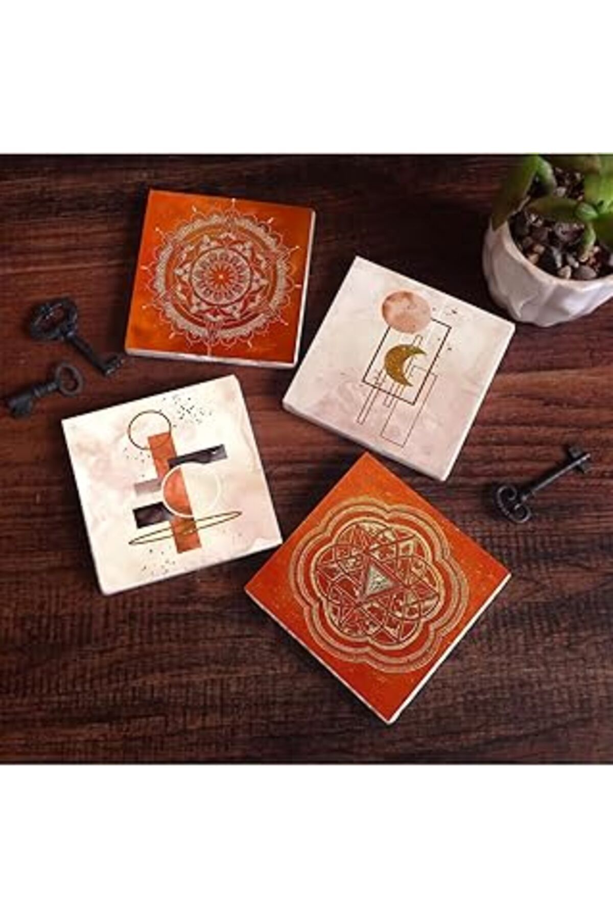 Pazarcan Pinecone Minimalist Soyut, Sri Yantra, Mandala Taş Bardak Altlığı Seti - 4 Parça - Dekoratif, Rusti