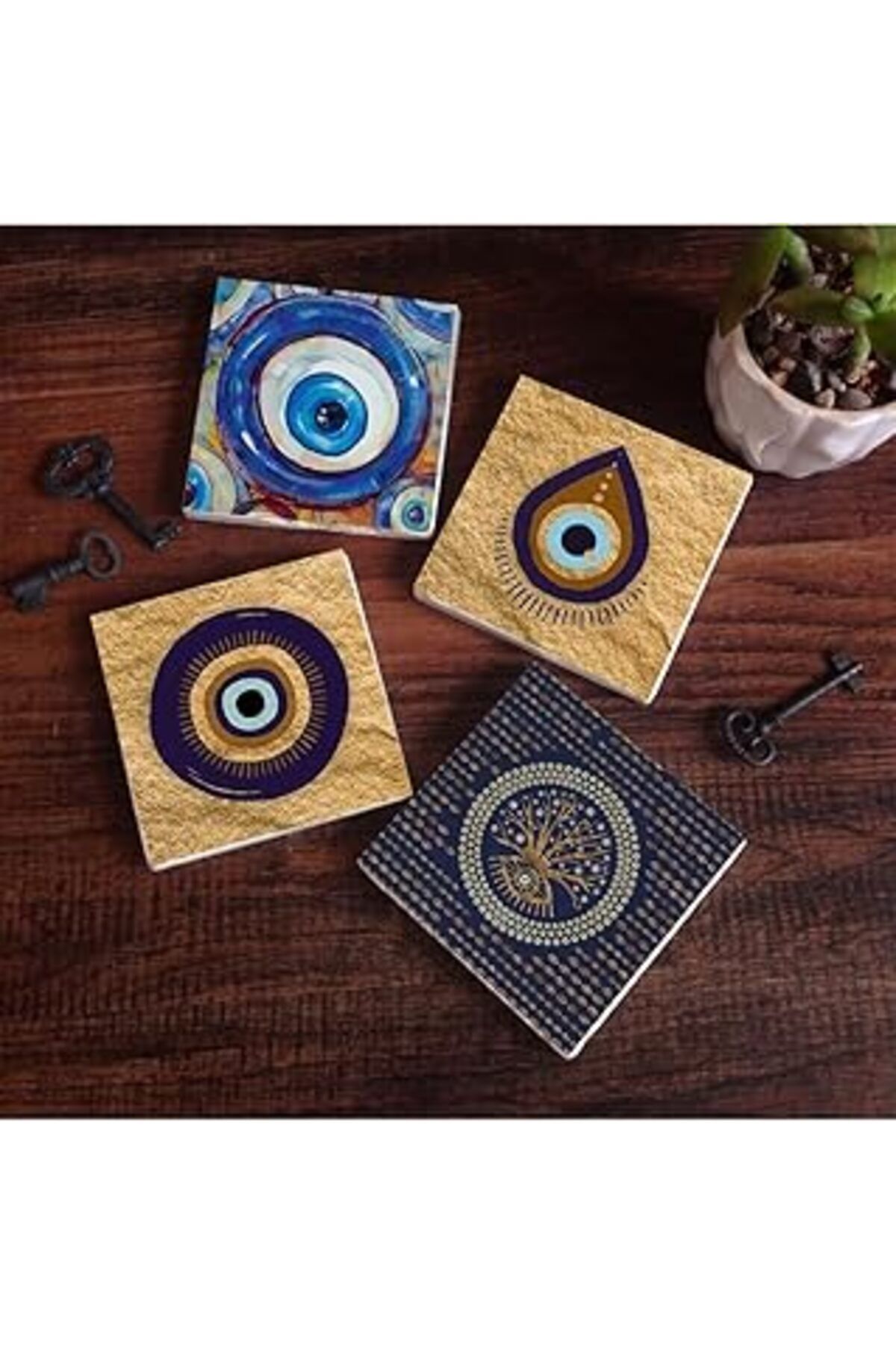 Hepta Collection Pinecone Nazar Taş Bardak Altlığı Seti - 4 Parça - Dekoratif, Rustik Mutfak Aksesuarı, 10X10 Cm, Ka