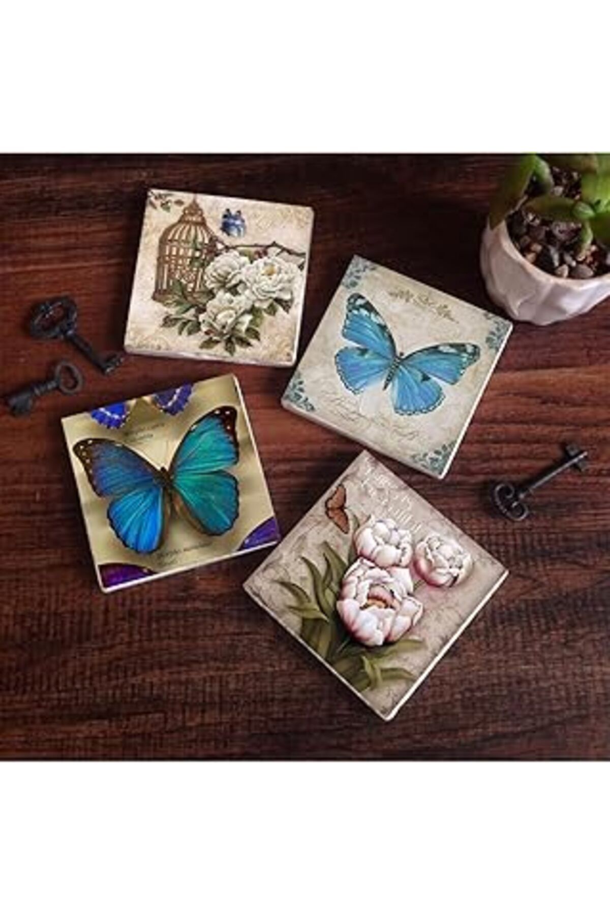 Mu Art Pinecone Kelebek Taş Bardak Altlığı Seti - 4 Parça - Dekoratif, Rustik Mutfak Aksesuarı, 10x10 Cm,