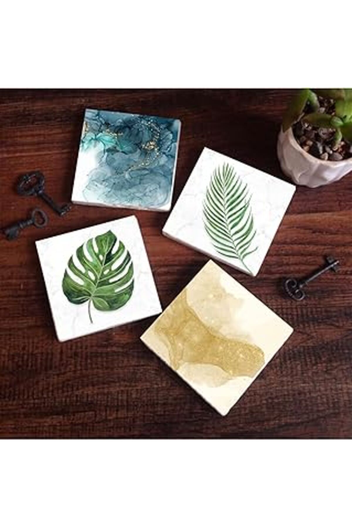 Mu Art Pinecone Yaprak, Soyut Sanat Taş Bardak Altlığı Seti - 4 Parça - Dekoratif, Rustik Mutfak Aksesuarı