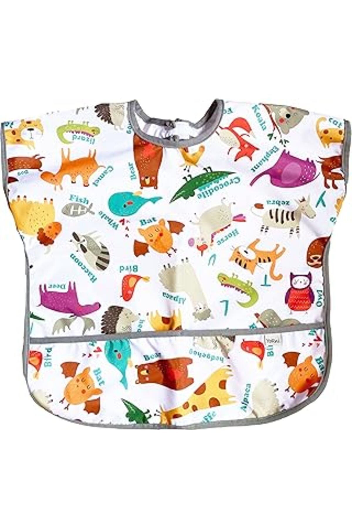 Mu Art Ahşap Yorni, 1-3 Yaş, Su Geçirmez, Cırtlı, Cepli, Unisex, Yarım Kollu Bebek/Çocuk Mama Önlüğü Zoo