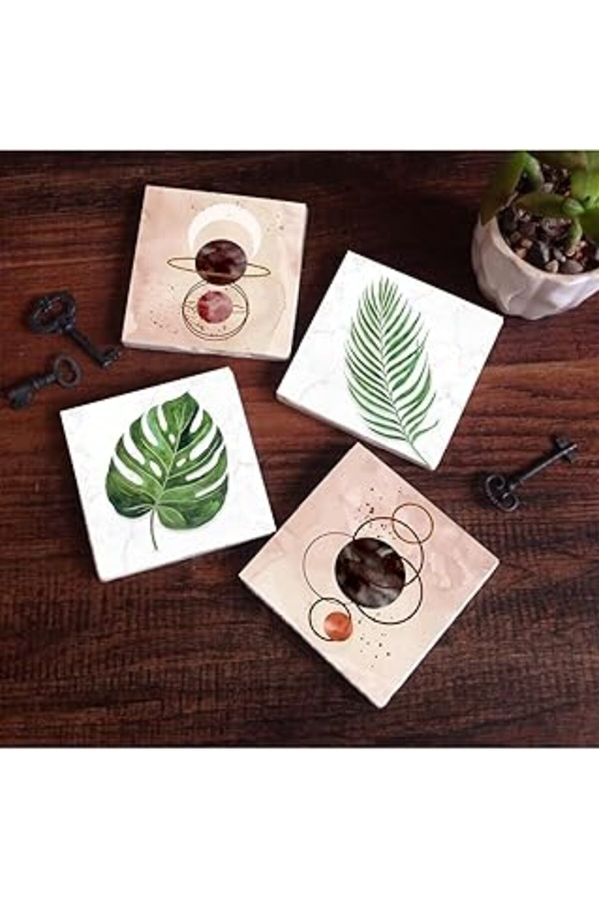 Mu Art Pinecone Minimalist Soyut, Yaprak Taş Bardak Altlığı Seti - 4 Parça - Dekoratif, Rustik Mutfak Akse