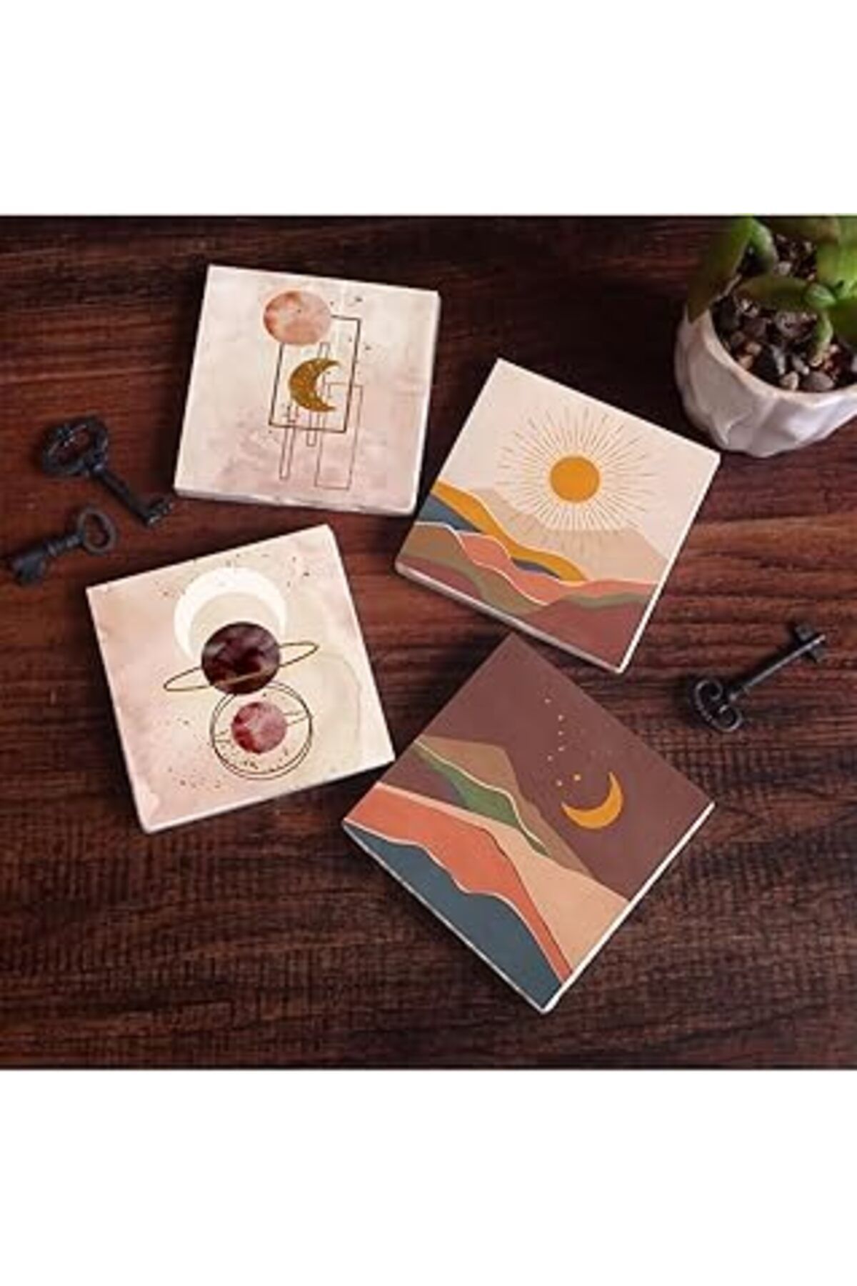 Mu Art Pinecone Minimalist Soyut, Bohem Taş Bardak Altlığı Seti - 4 Parça - Dekoratif, Rustik Mutfak Akses