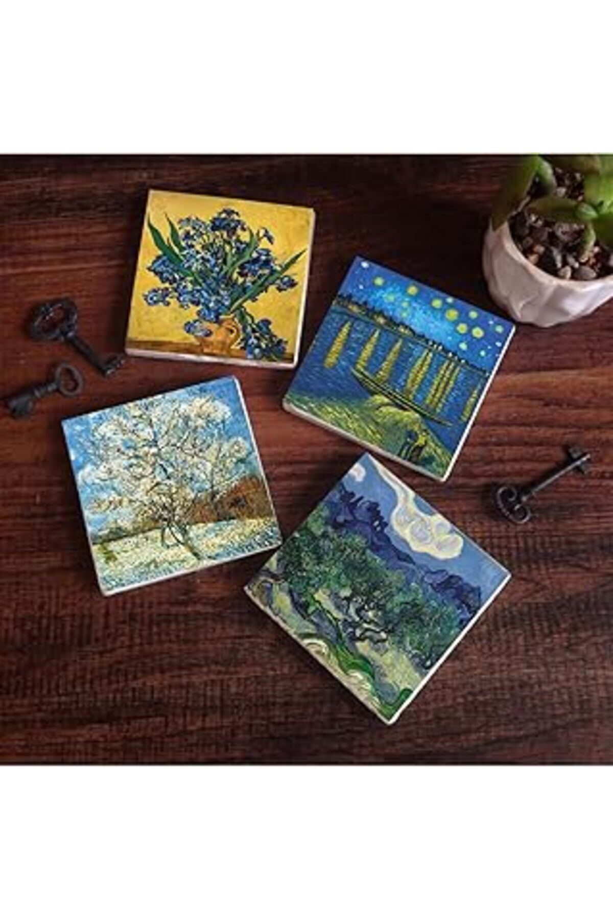 Mu Art Pinecone Van Gogh Zeytin Ağaçları, Şeftali Ağacı, Ren Nehri’Nde Yıldızlı Gece, Süsenler Taş Bardak