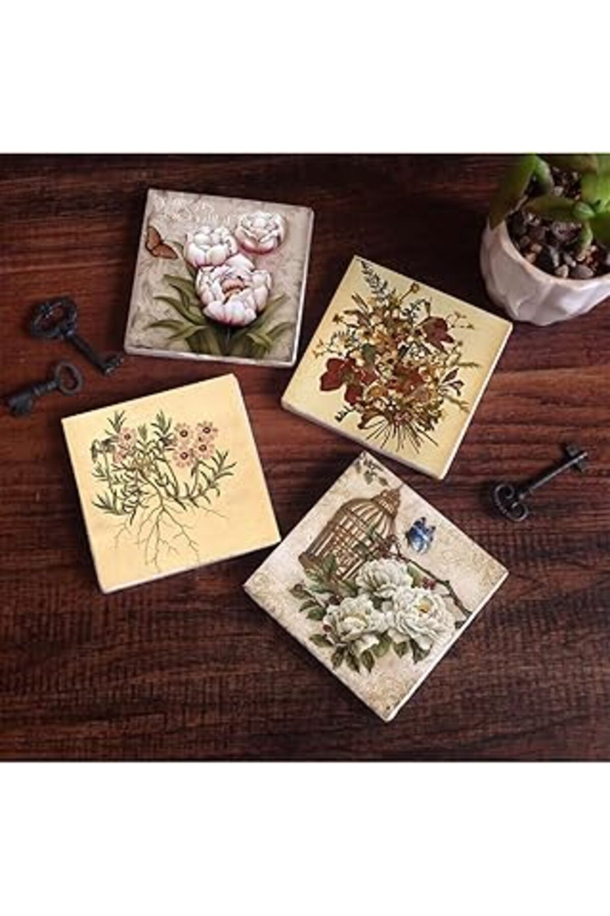 Mu Art Pinecone Vintage Çiçek, Kelebekli Çiçek Taş Bardak Altlığı Seti - 4 Parça - Dekoratif, Rustik Mutfa