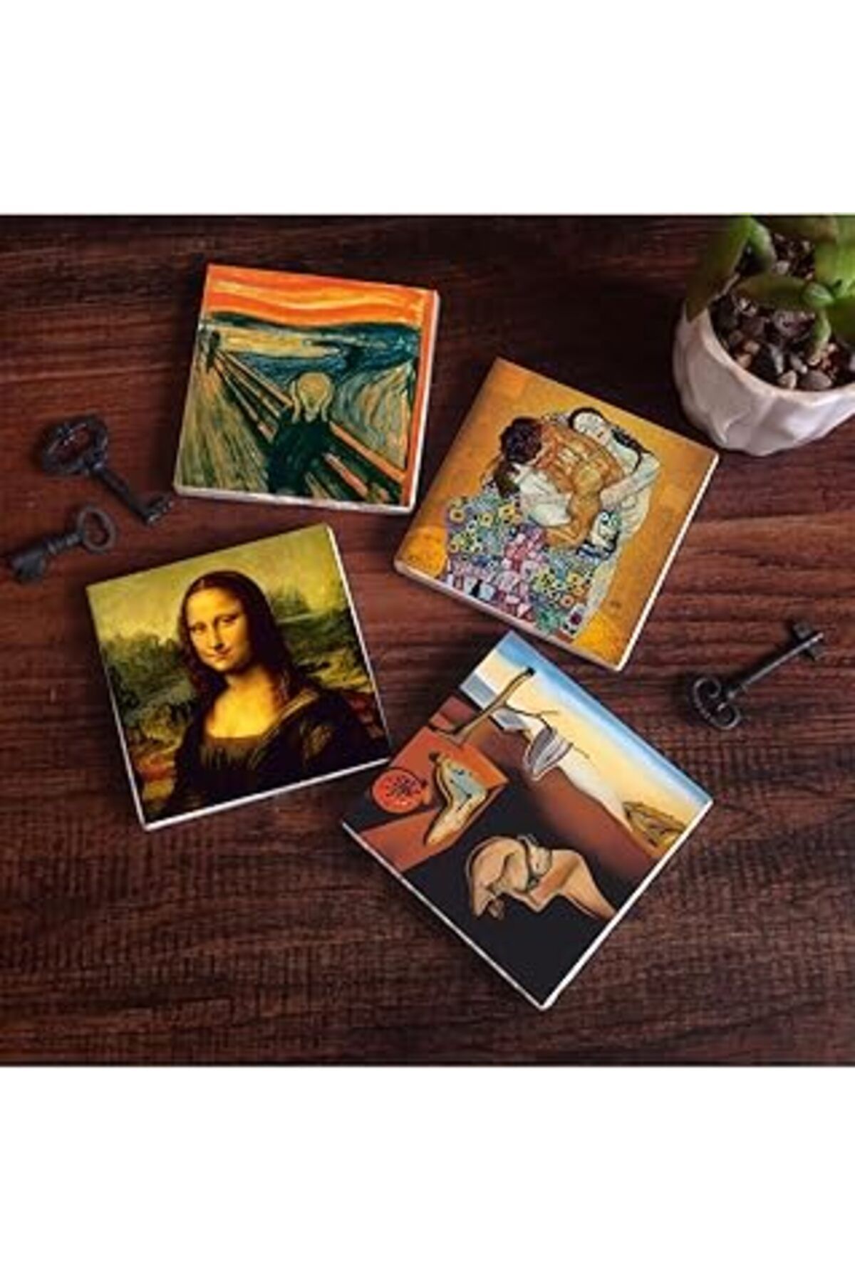 Mu Art Ahşap Pinecone Dalí Belleğin Azmi, Çığlık, Gustav Klimt Aile Kucaklama, Da Vinci Mona Lisa Taş Bardak Alt