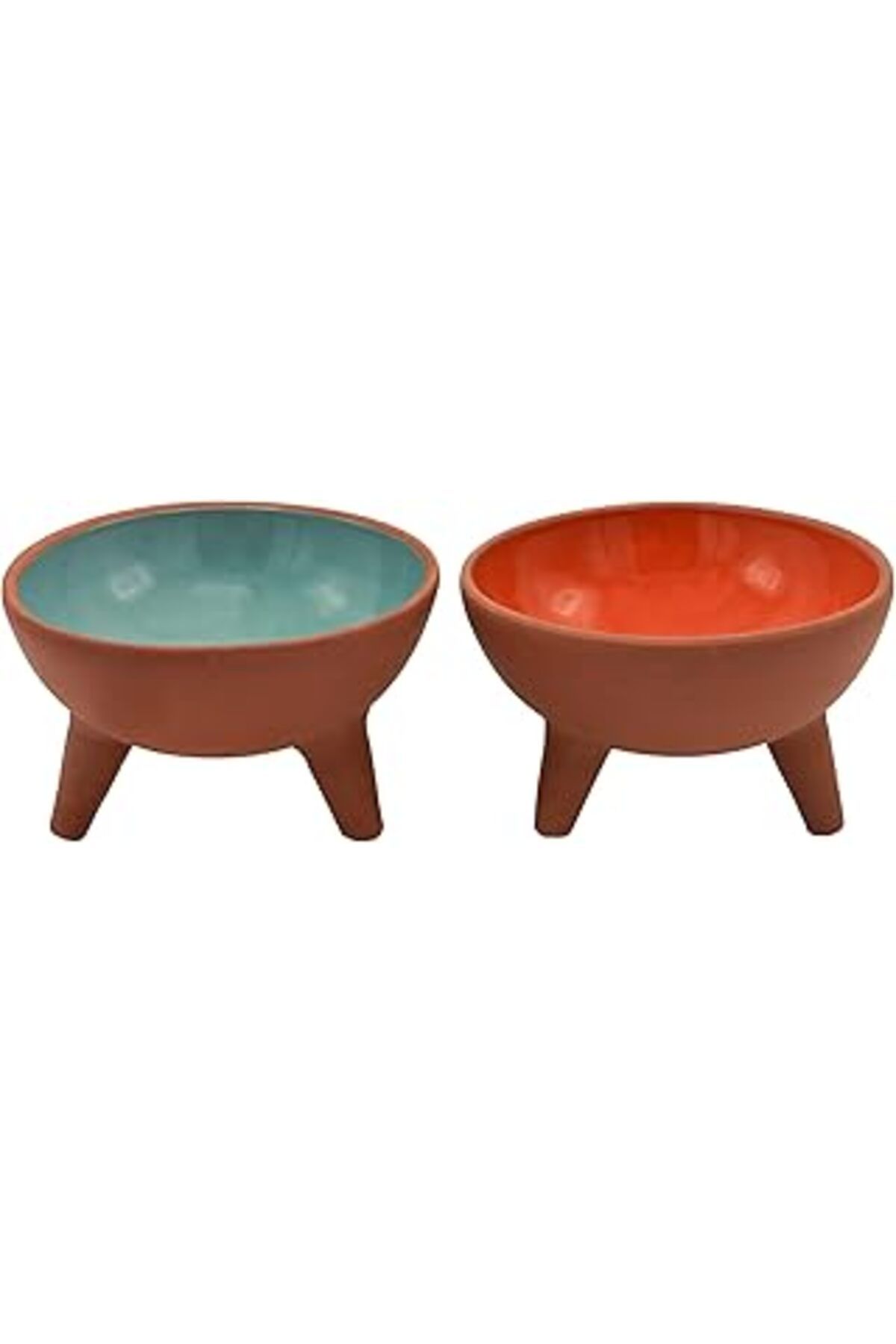 Mu Art Ahşap Çömlek Ayaklı Sırlı Seramik Kedi Köpek Mama Ve Su Kabı 2 Li (Turkuaz-Turuncu)
