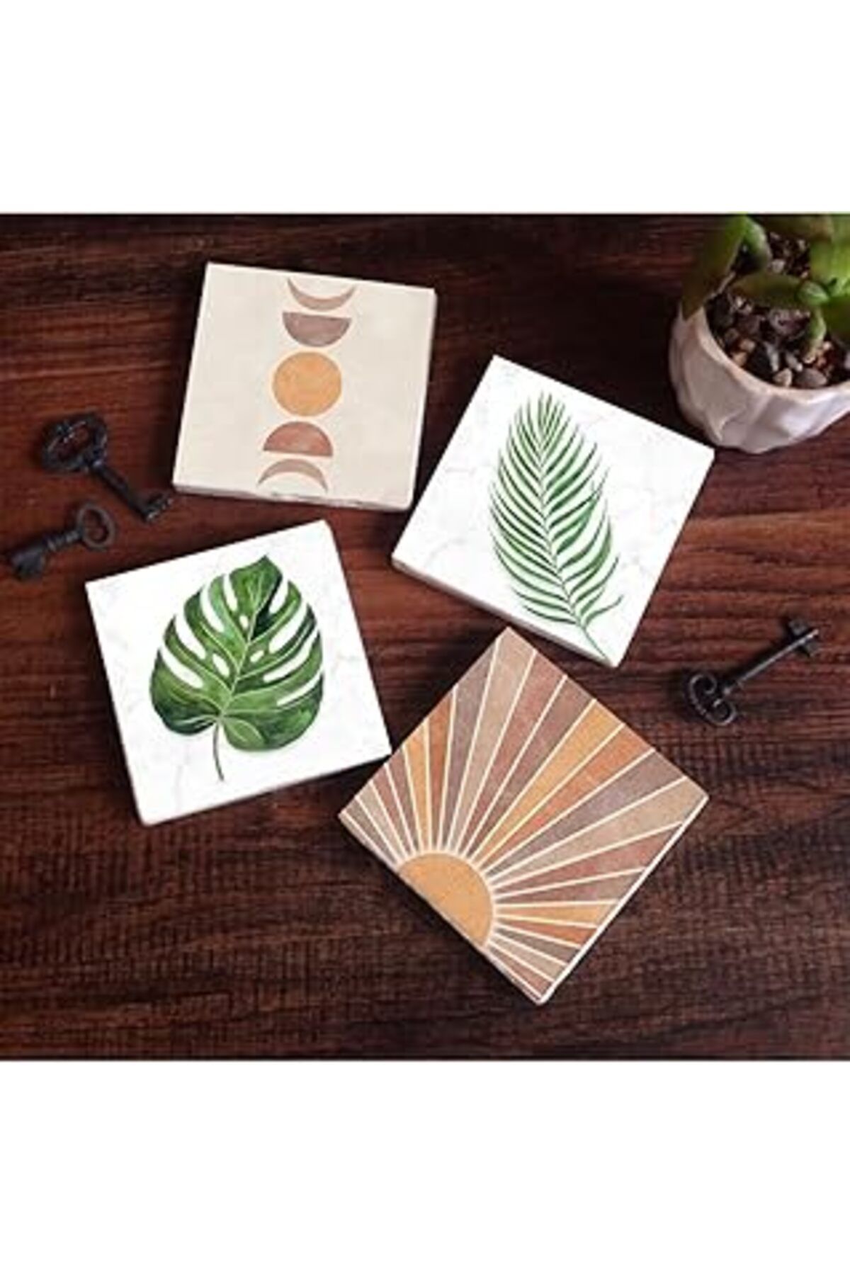 robotrend Pinecone Minimalist Soyut, Yaprak Taş Bardak Altlığı Seti - 4 Parça - Dekoratif, Rustik Mutfak Akse