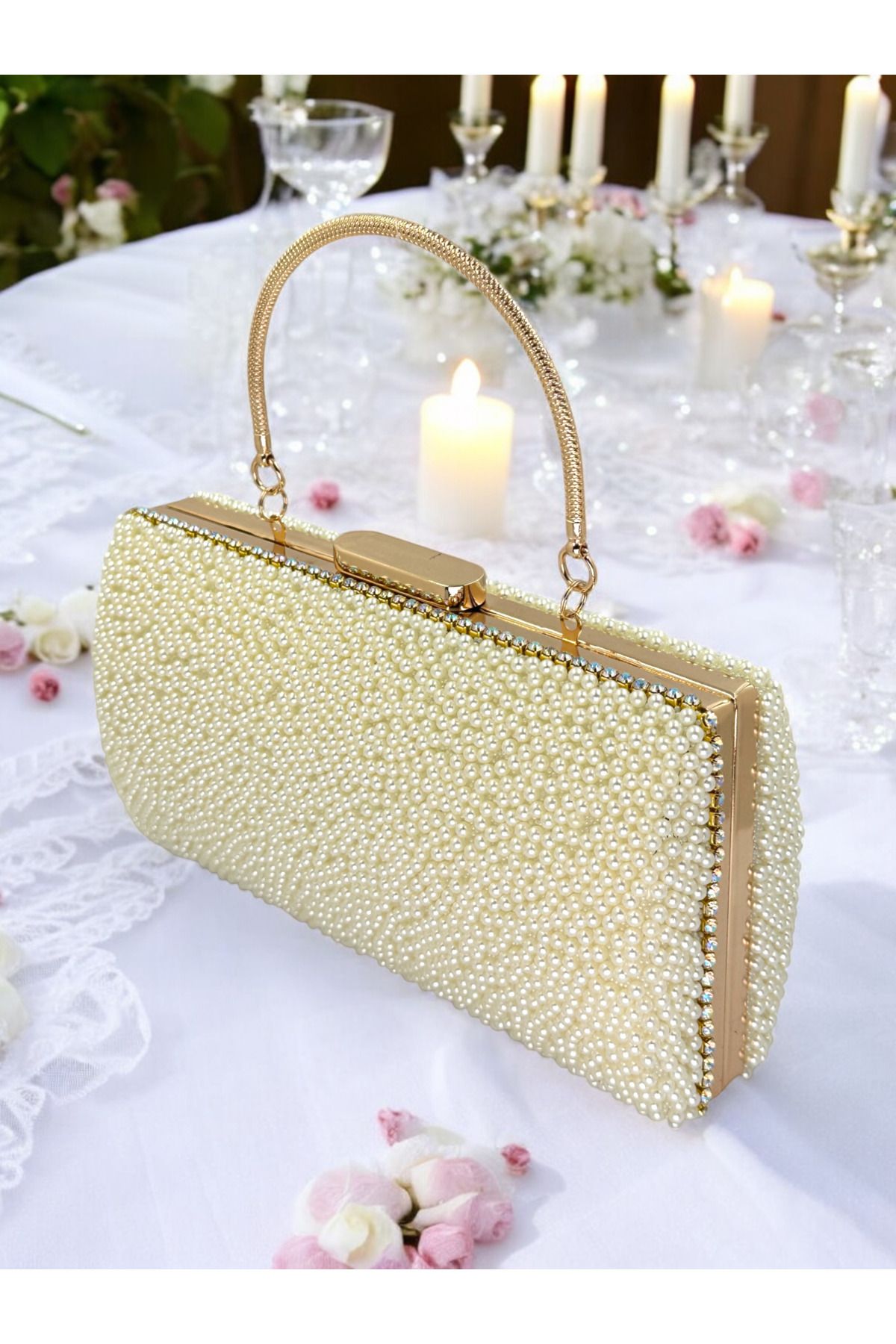 Ahenk Design İncili Abiye Çanta Sedef Renk Gelin Çantası Abiye Çanta Gece Çantası Portföy Clutch