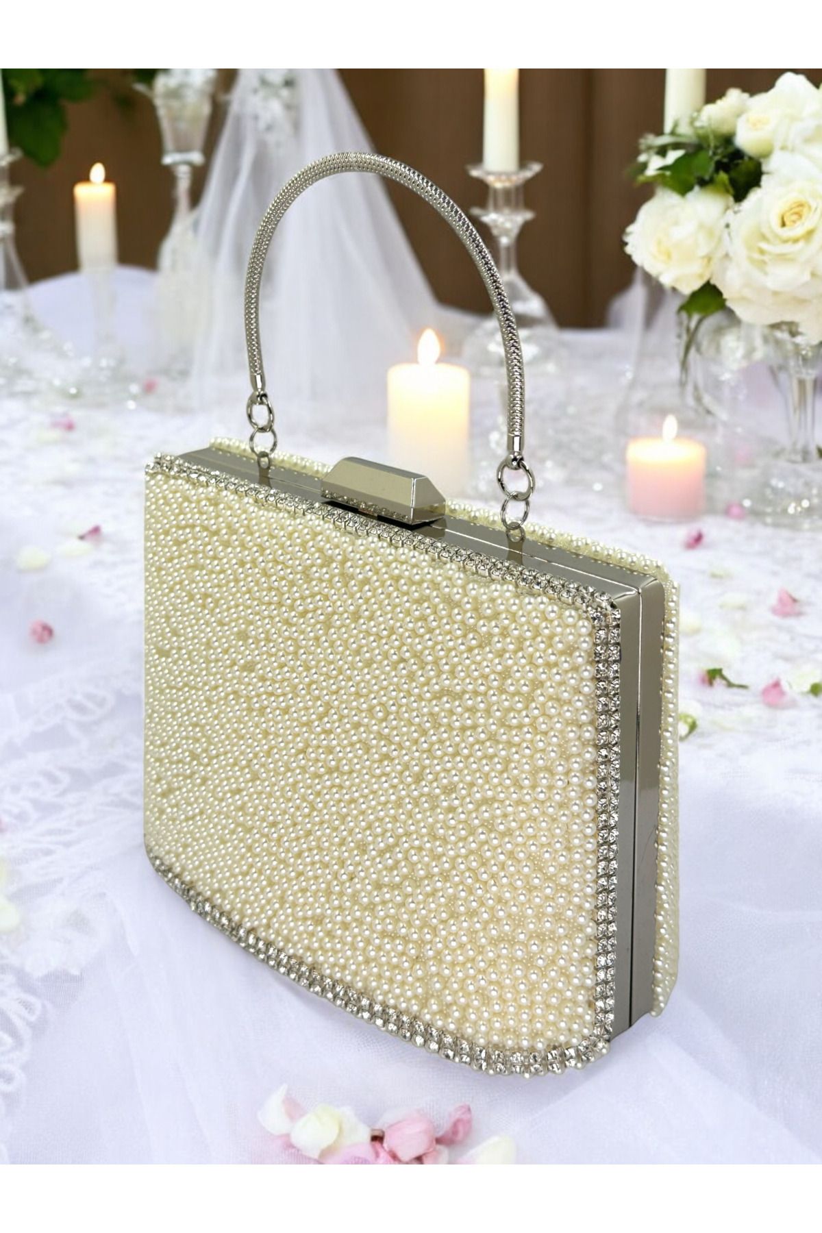 MidStore İncili Abiye Çanta Renk Gelin Çantası Abiye Çanta Gece Çantası Portföy Clutch