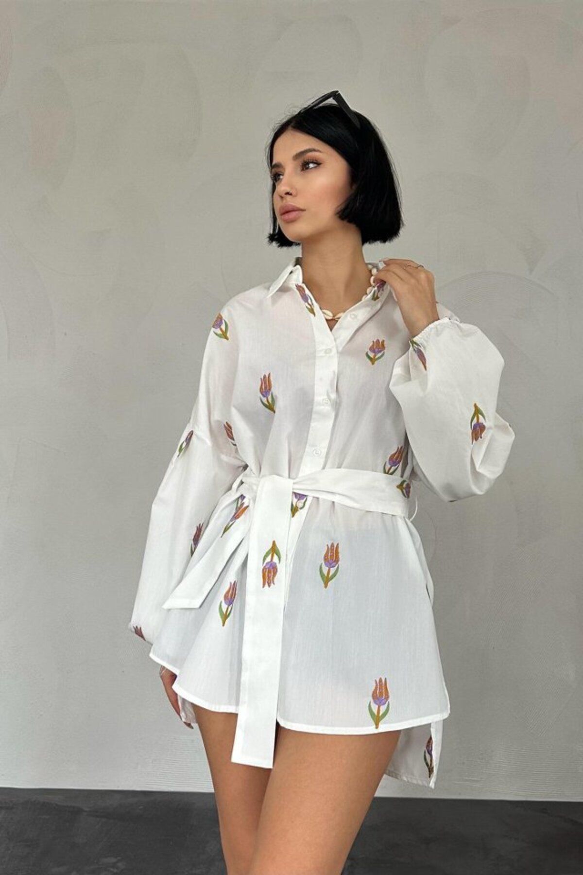 MRA Fashion Hardal Vual Metraj Nakış Kuşaklı Gömlek