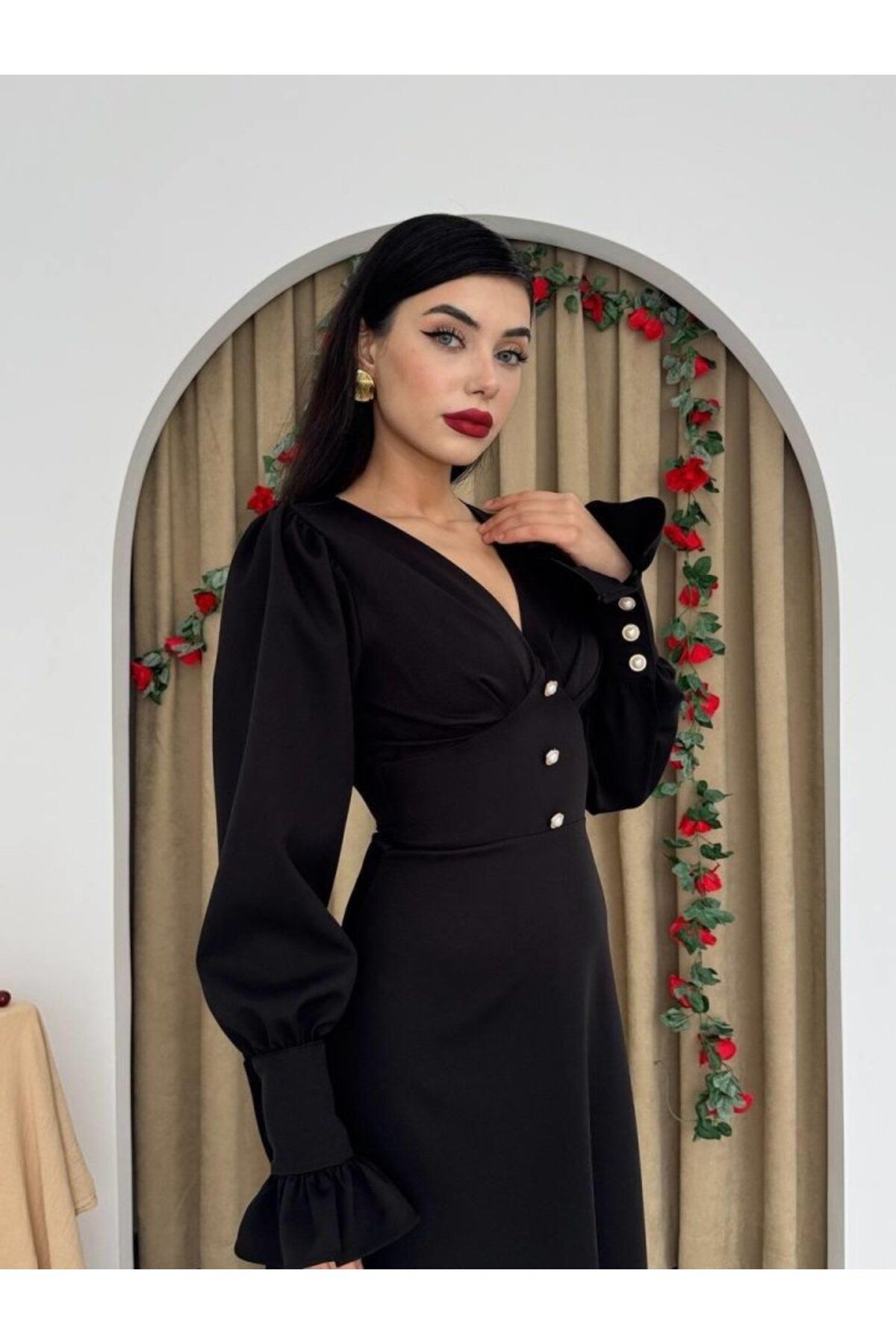 ASFSTORE Meta Düğme Detaylı Elbise