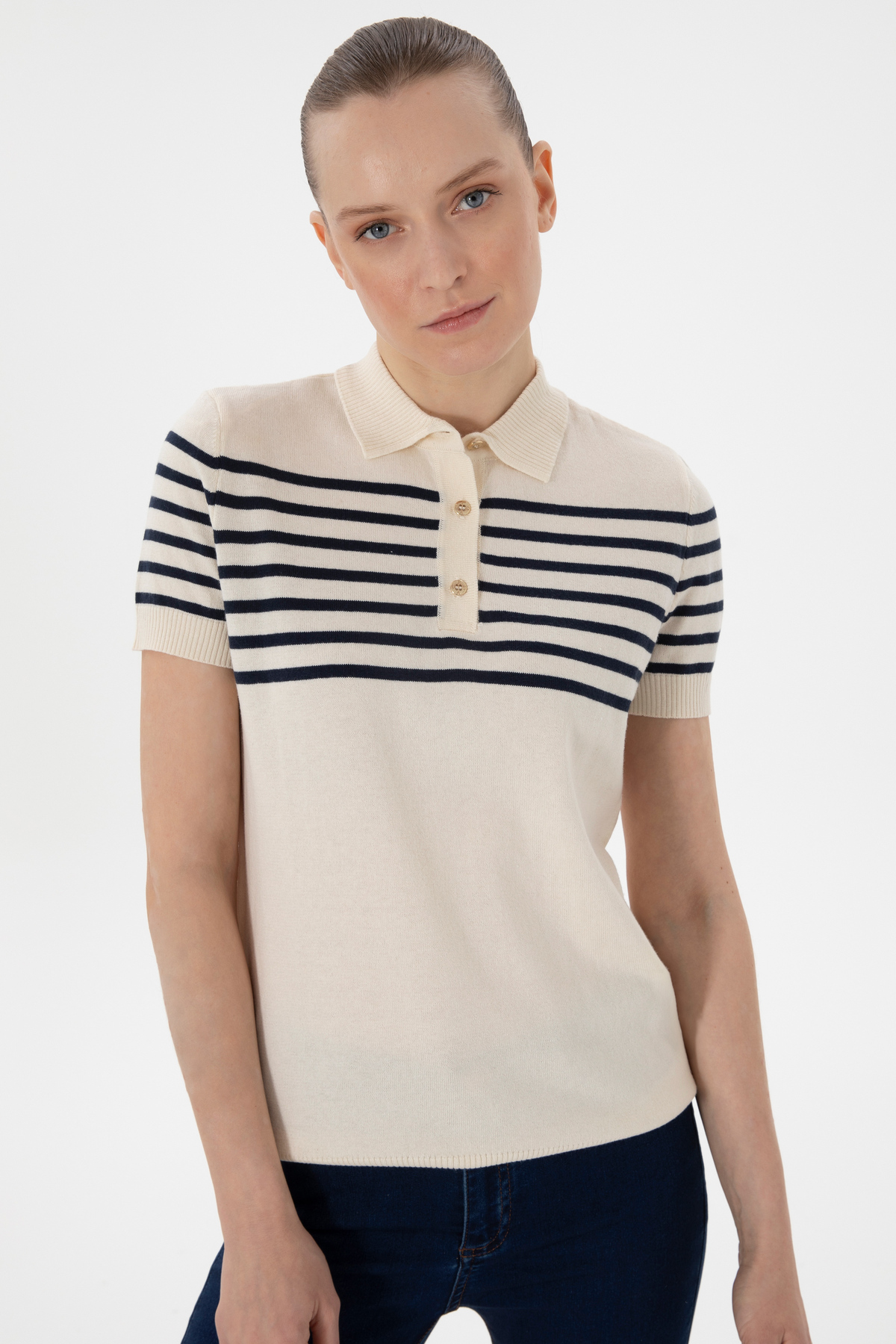 U.S. Polo Assn.  Kadın Lacivert Polo Yaka Çizgili Triko Tişört 50306479-VR071 - Görsel 3