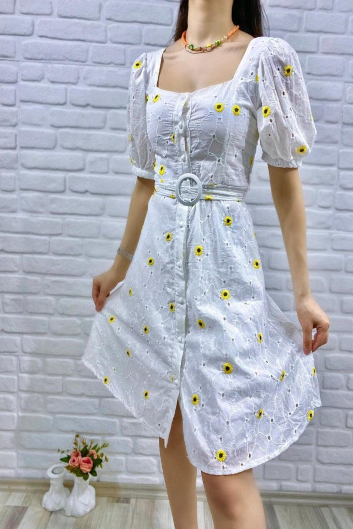 MRA Fashion Sarı Kemerli Kare Yaka Elbise