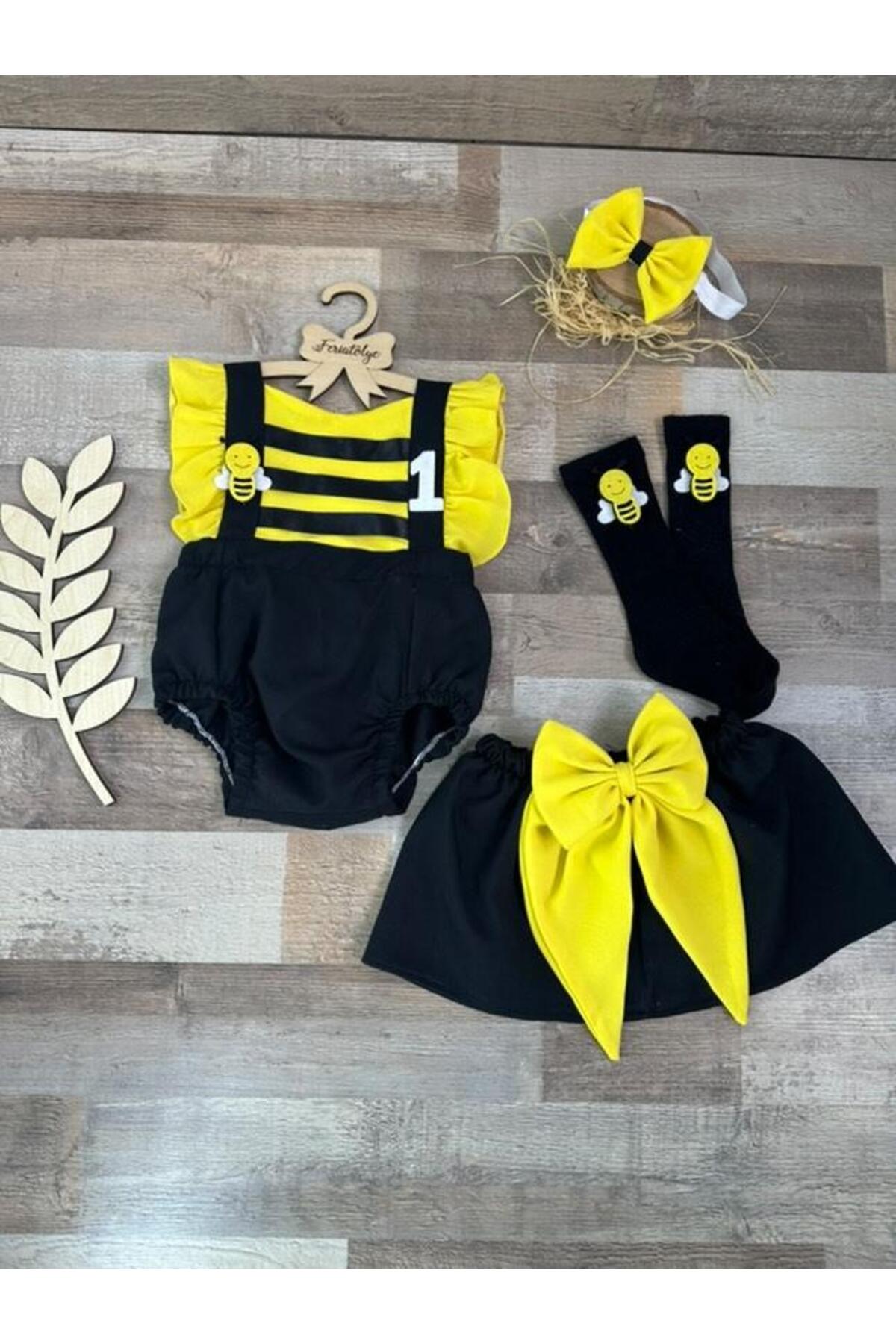 Feriatolye El yapımı arı konsepti Kız bebek romper etek toka çorap takımı fotoğrafı 2 (önizleme)