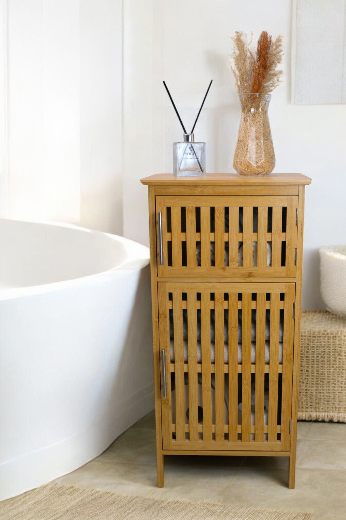 Bambu Çift Kapaklı 3 Raflı Çok Amaçlı Banyo Düzenleyici Organizer Dolap C1-1-100