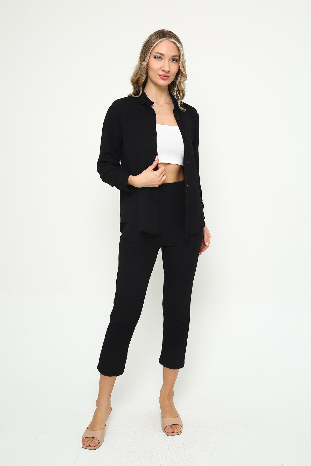 Mythologie-Women's Wrinkled Shirt Pants Set – Buttoned High Waist Twill 3