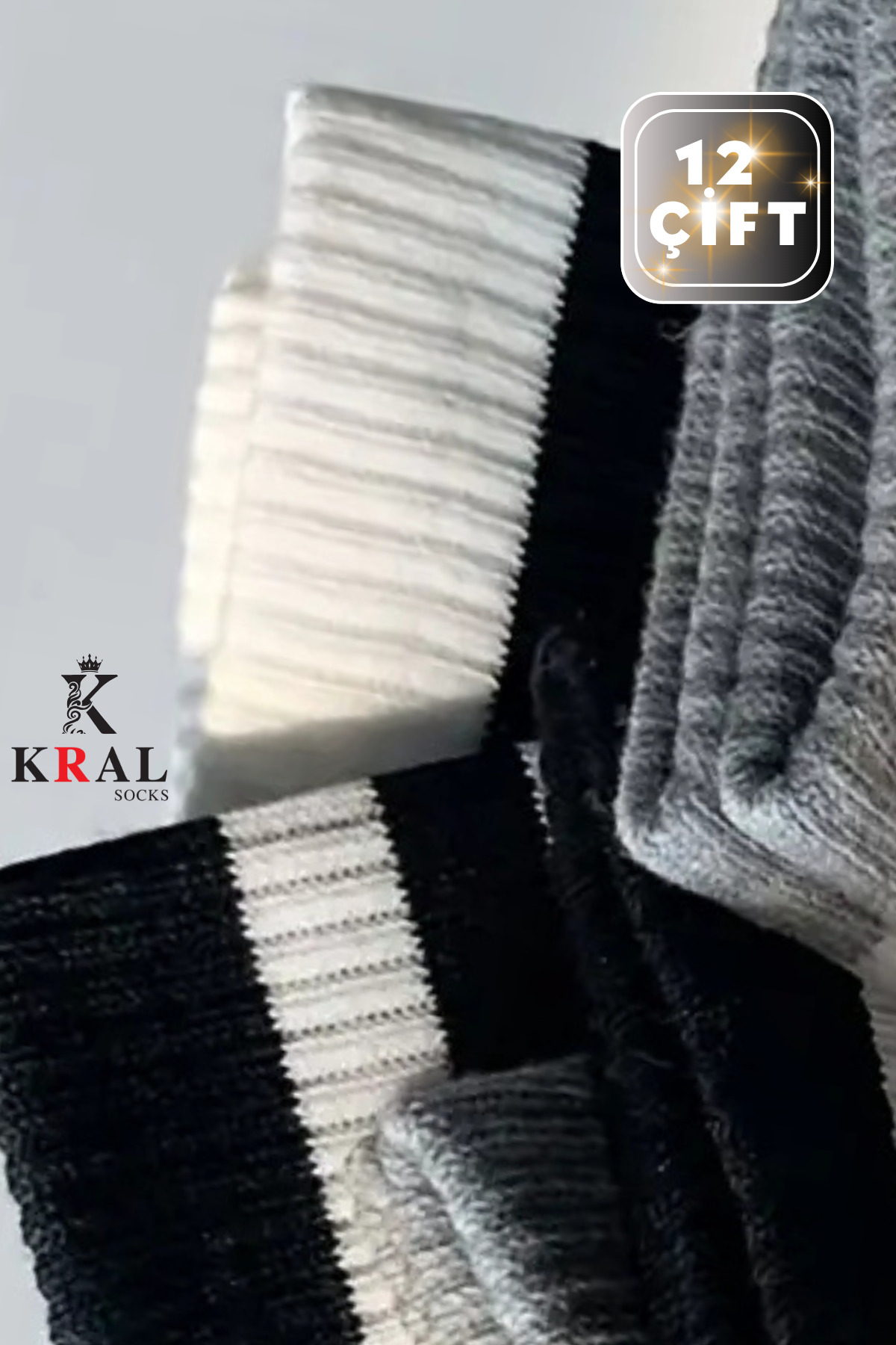 Lüx Kral 12 Çift Unisex Pamuklu Çizgili Kolej Tenis Spor Çorap görsel 4