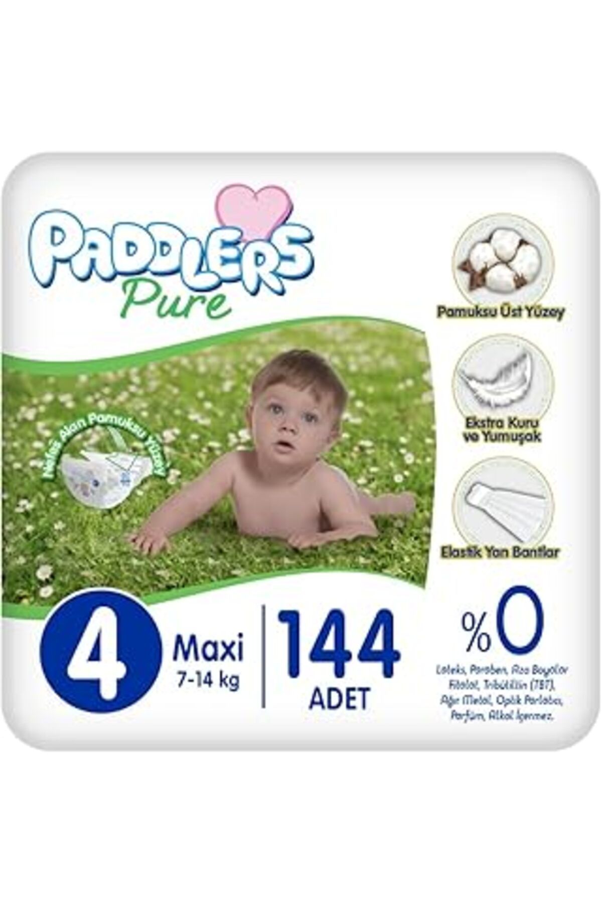 NZM TİCARET Paddlers Pure Bebek Bezi 4 Numara Maxi 144 Adet (7-14 Kg) Ekstra Aylık Paket