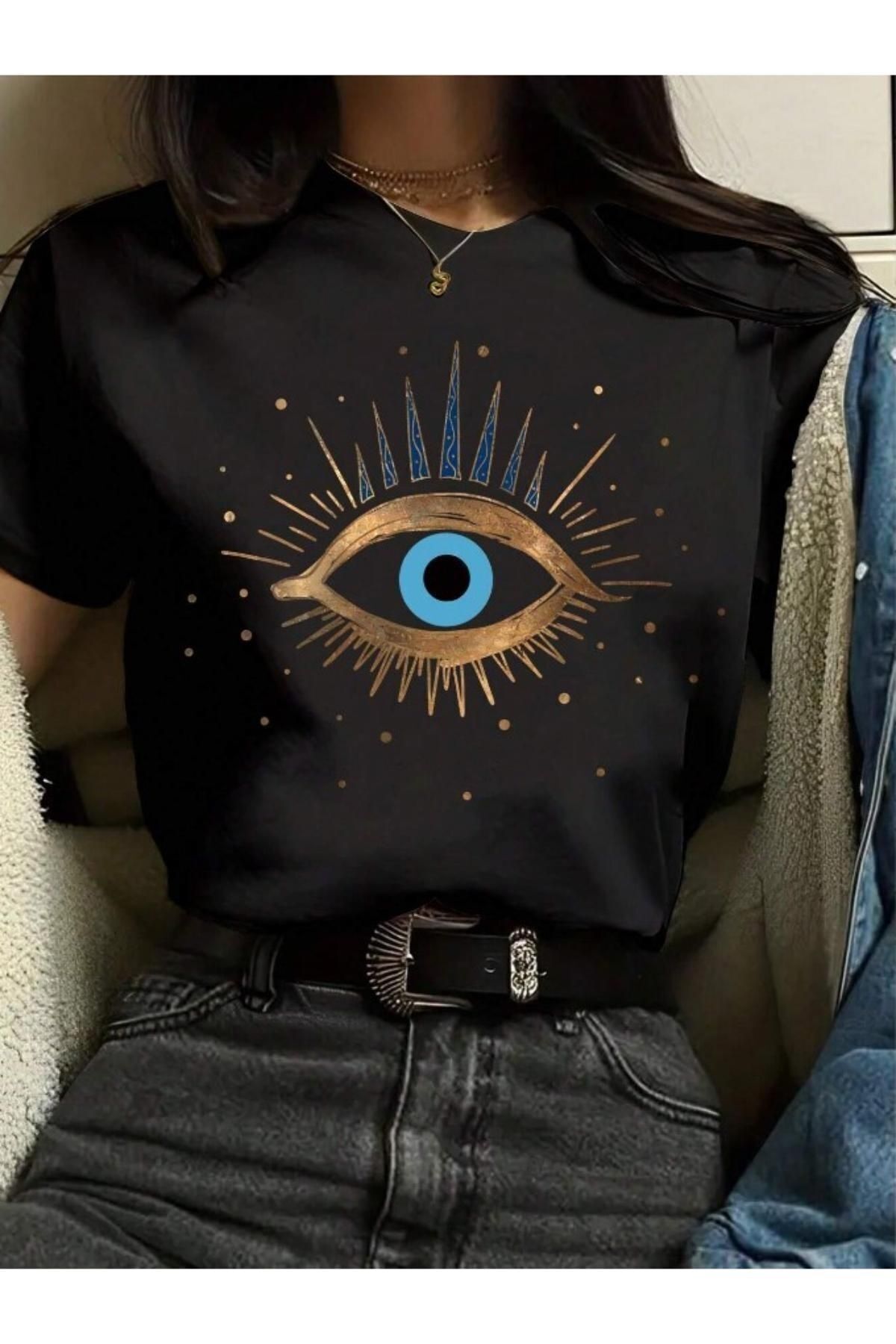 ModaSphere Kadın Siyah Eye Baskılı Regular Tişört