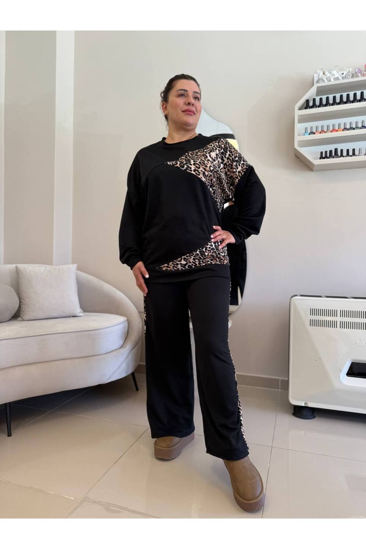 garajmood-Black Triangle Leopard Detailed Large Size Bottom-Top Set 7
