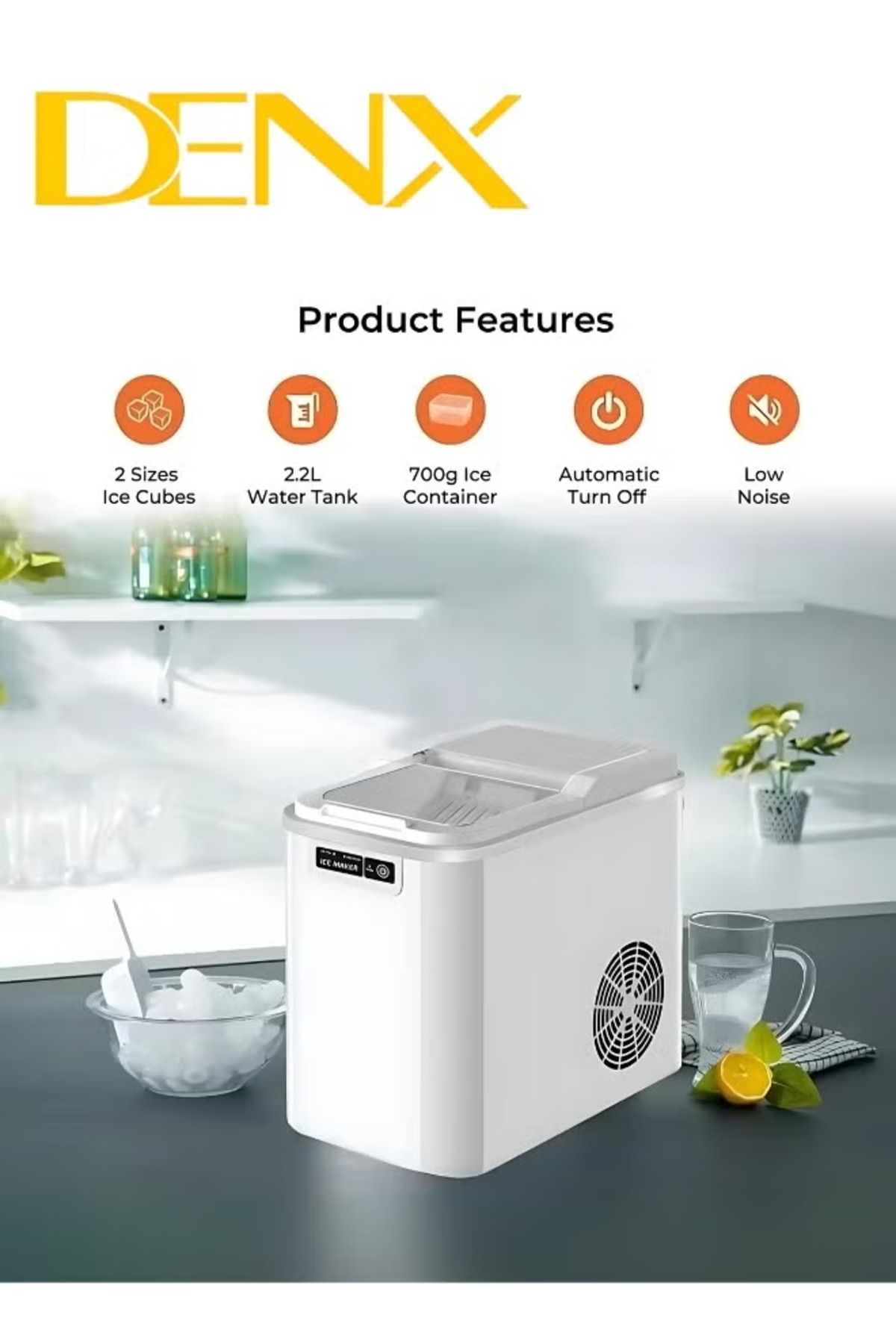 Denx-ماكينة صنع الثلج | ماكينة صنع الثلج الذكية Denx DX2044 بسعة 2.2 لتر وقوة 120 وات مع 9 مكعبات ثلج 5