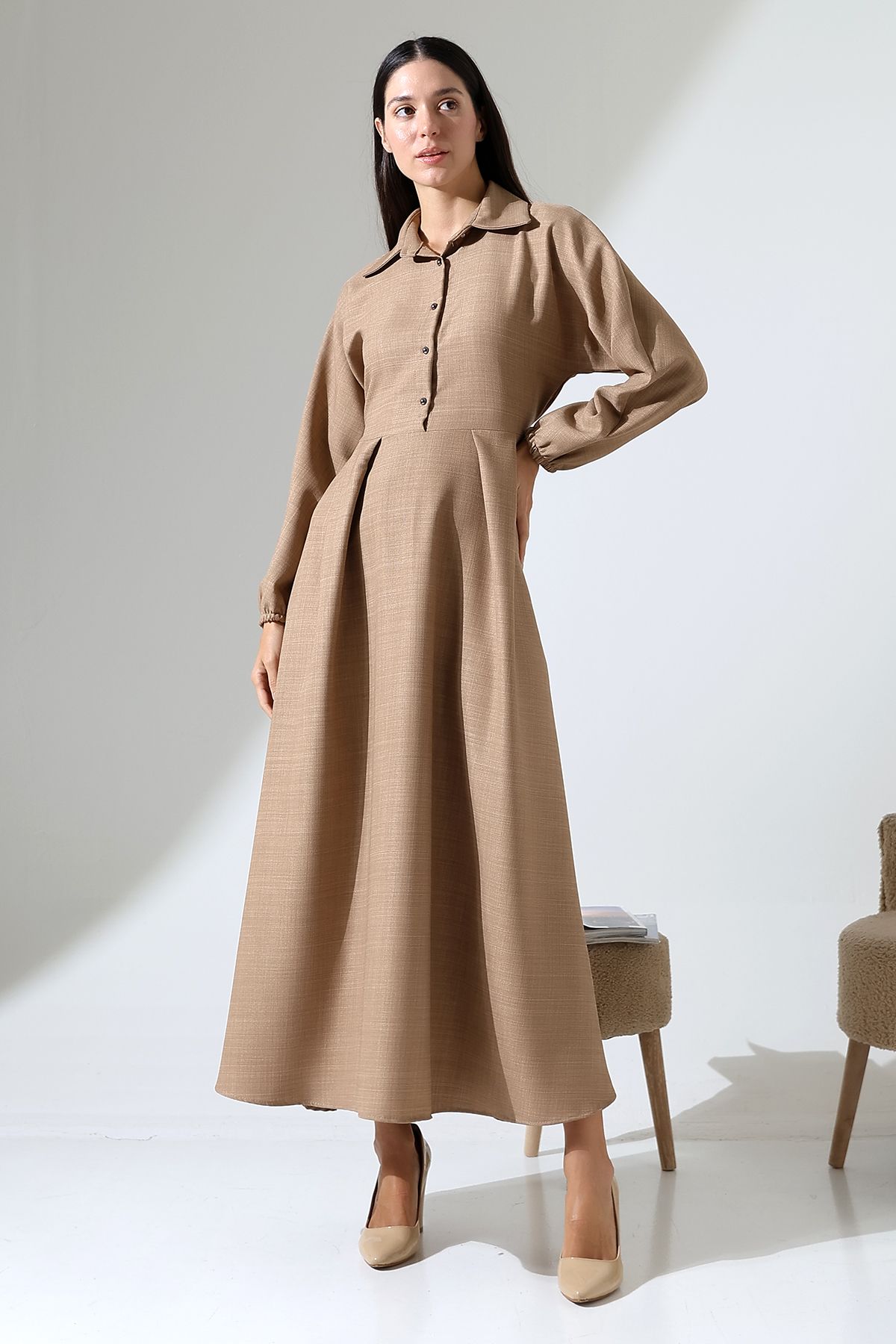 ensade-Front Pleated Elastic Sleeve Belted Woven Dress 2