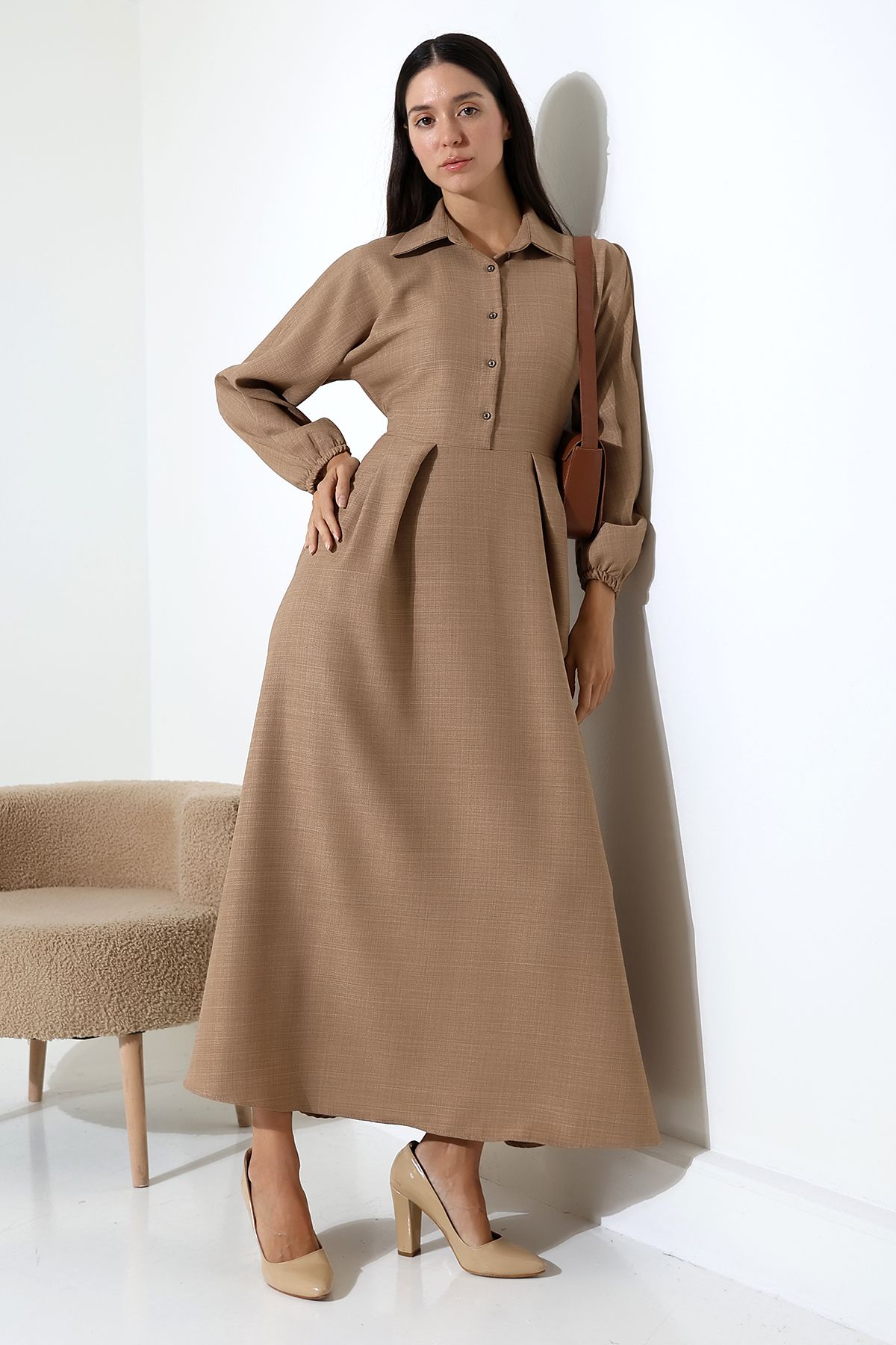 ensade-Front Pleated Elastic Sleeve Belted Woven Dress 6