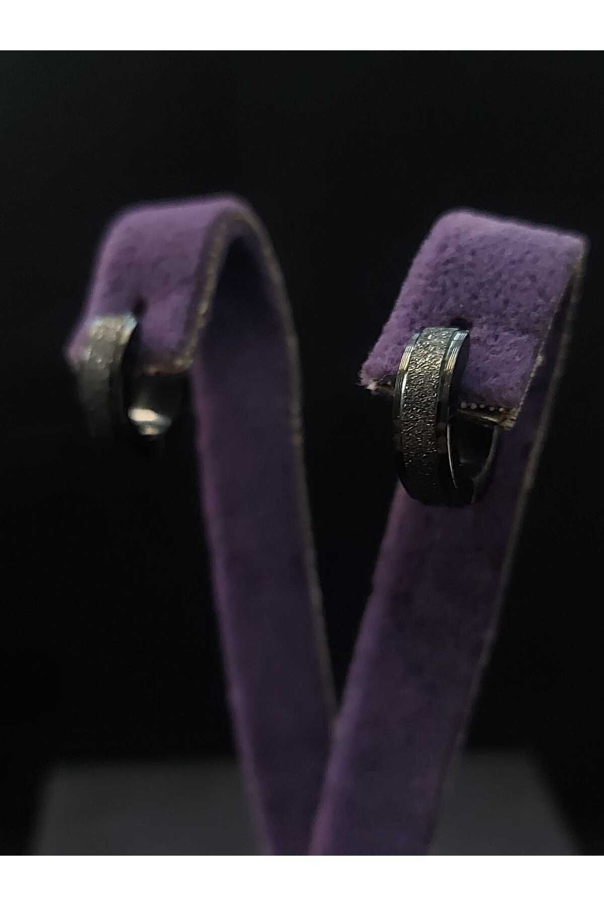 sarıyer silver-Plain Black Silvery Striped Steel Hoop Earrings 5