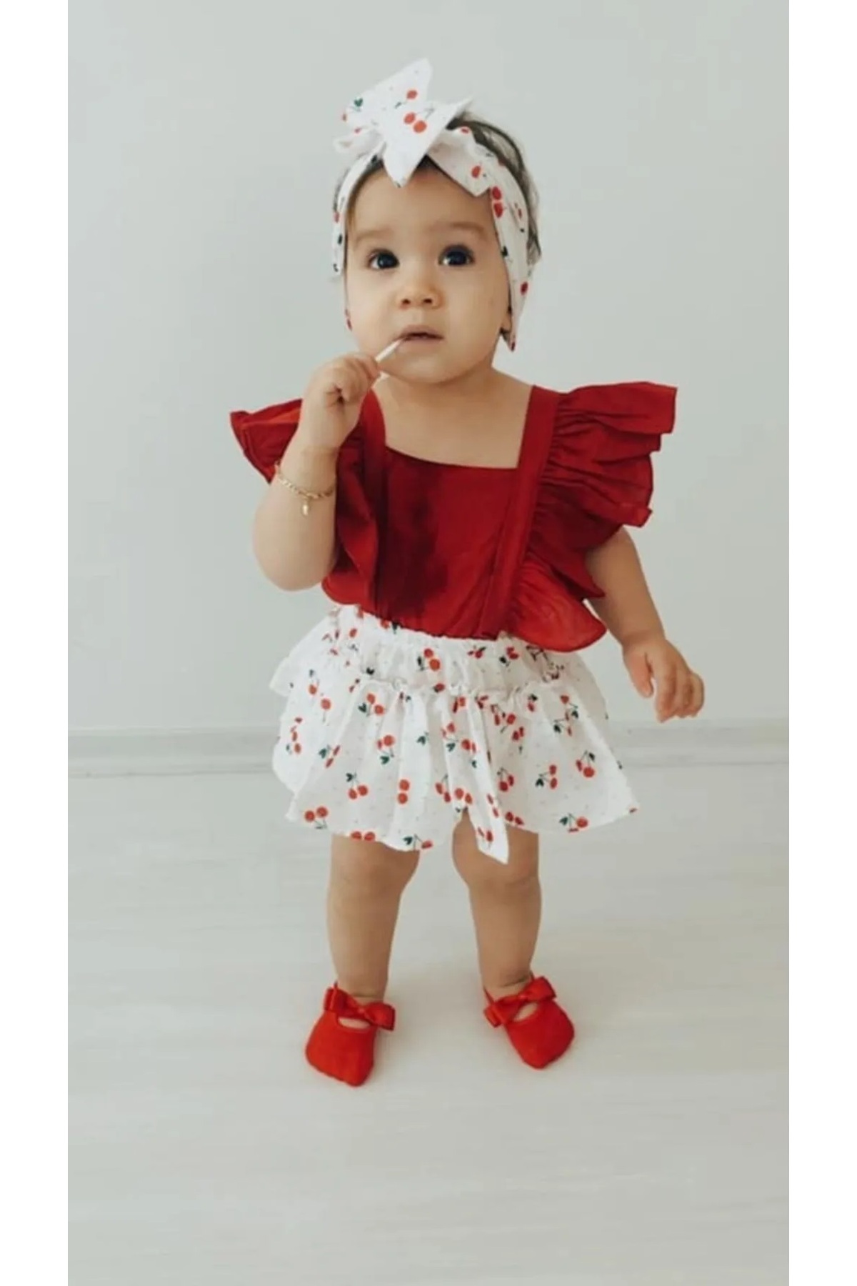 elahobi Kiraz Desen Bebek Salopet Tulum Ve Bandana 2'li Takım fotoğrafı 3 (önizleme)