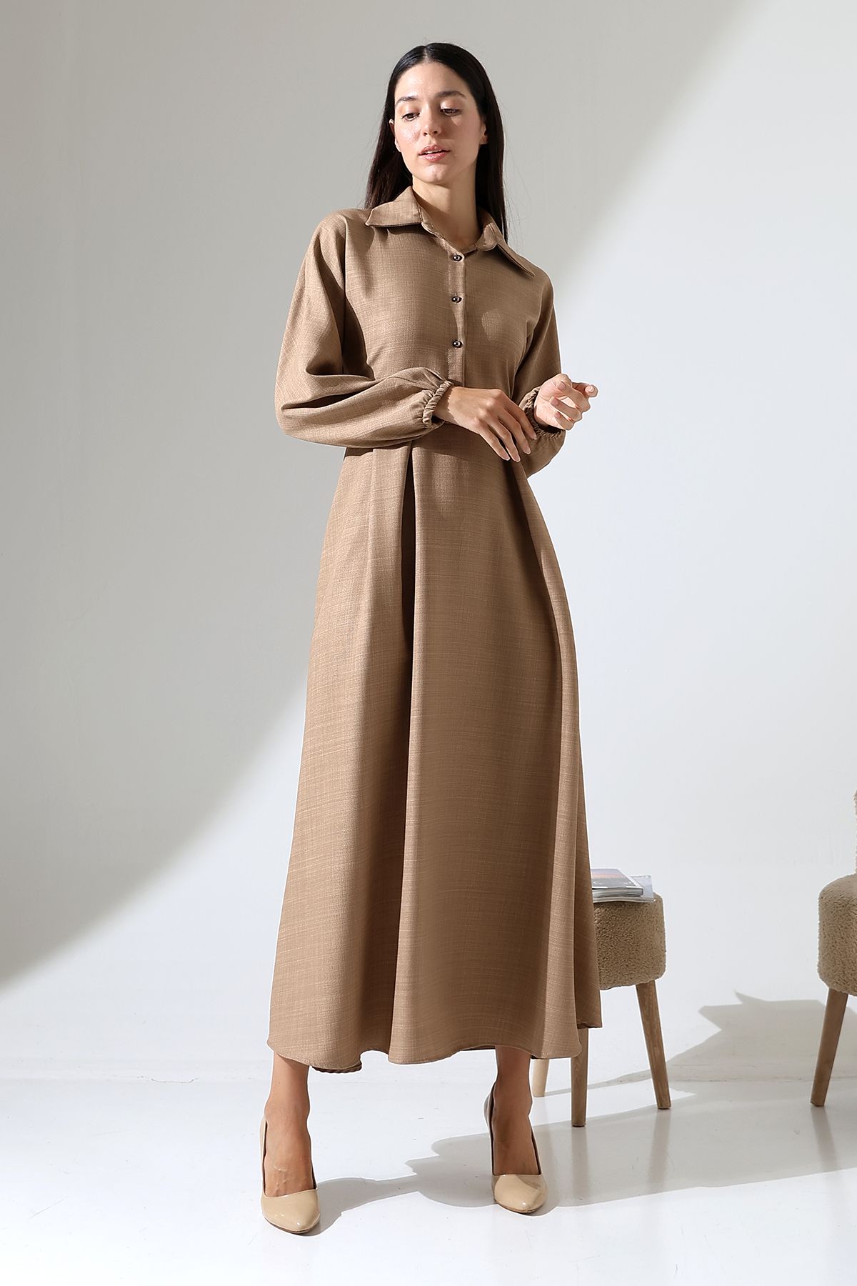 ensade-Front Pleated Elastic Sleeve Belted Woven Dress 3