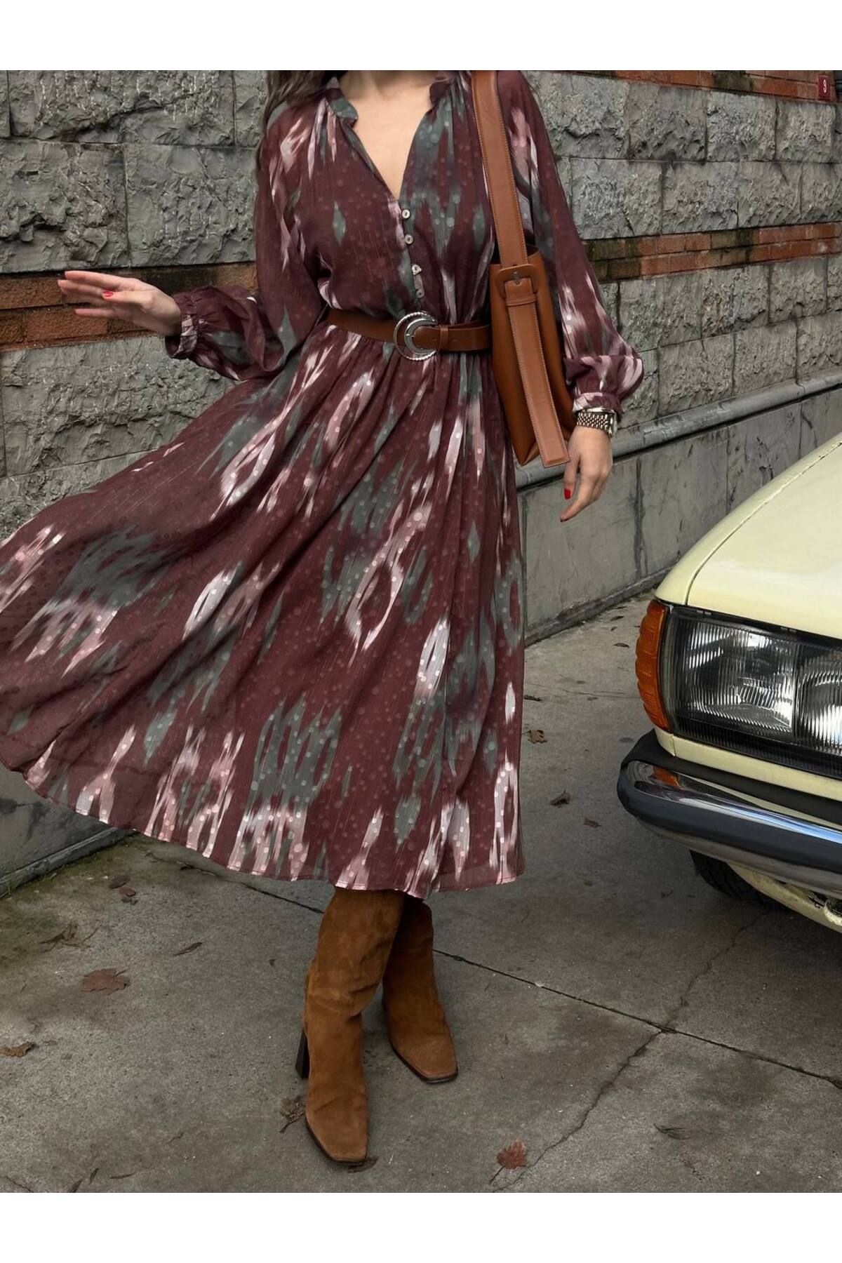 Bak'ap-Chiffon Lining Print Long Chiffon Dress with Belt 3