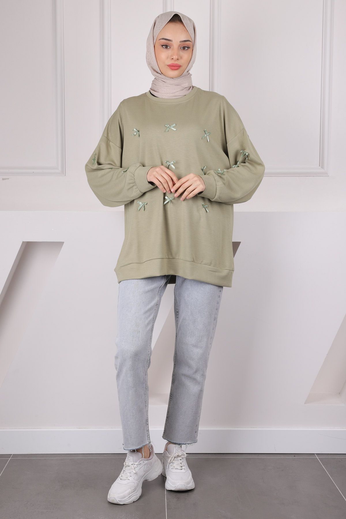 İmajButik-Χακί Κορδέλα Λεπτομερής Modal Sweat 2