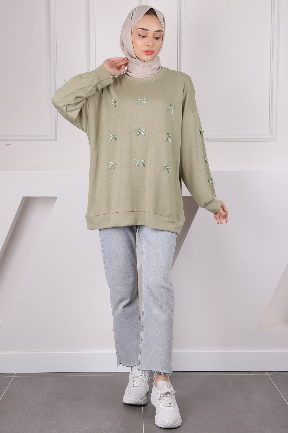 İmajButik-Χακί Κορδέλα Λεπτομερής Modal Sweat 3
