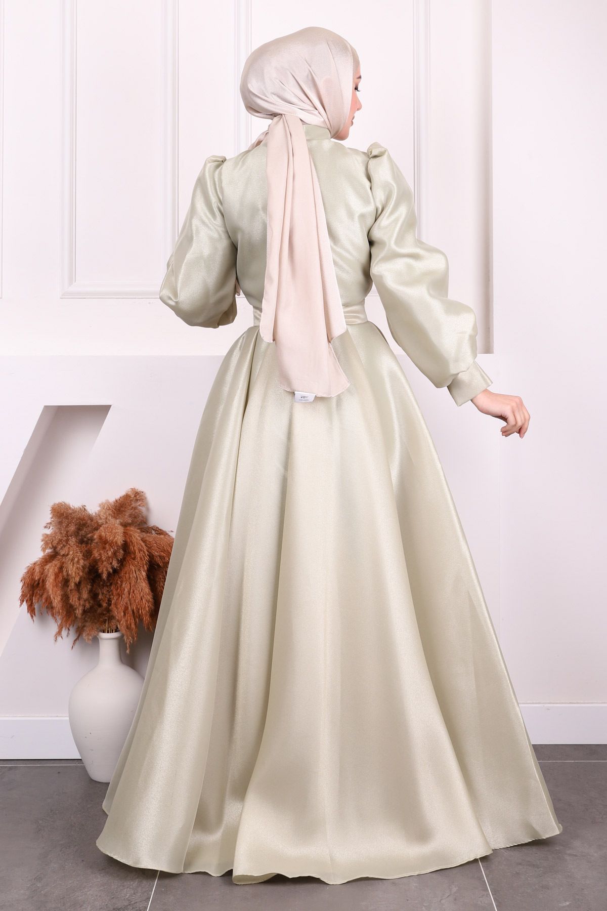 İmajButik-Rochie de seară drapată cu mâneci balon kaki deschis 4