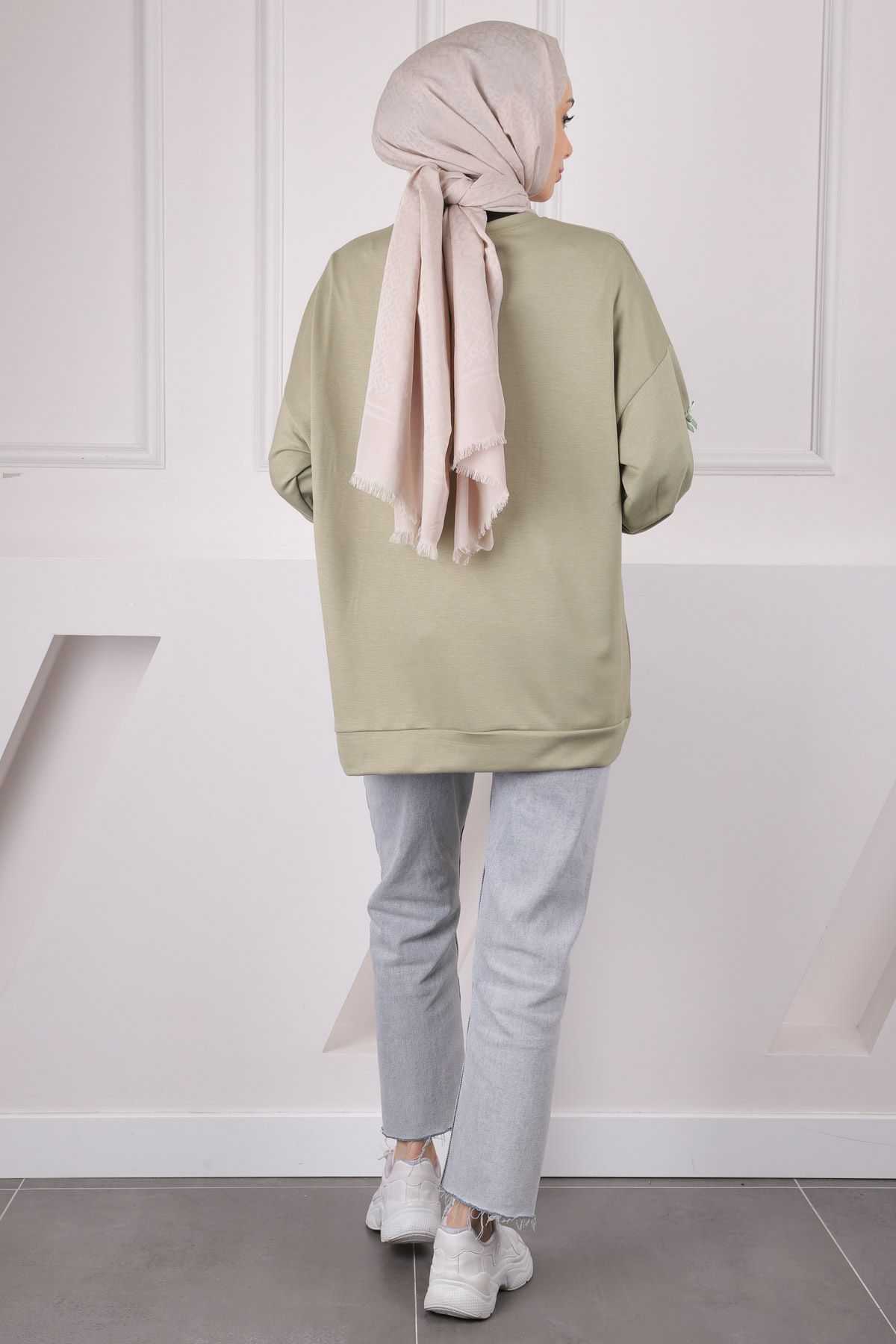 İmajButik-Χακί Κορδέλα Λεπτομερής Modal Sweat 4