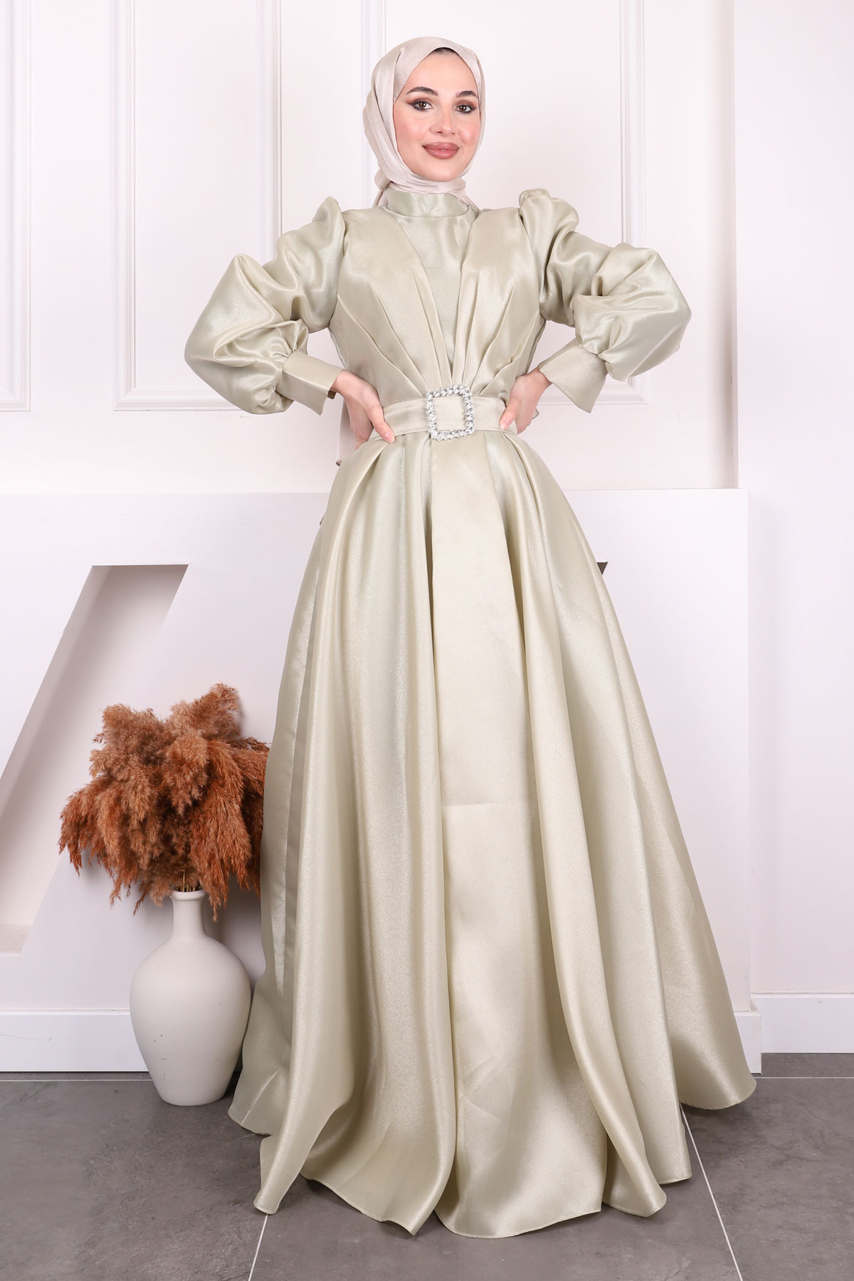 İmajButik-Rochie de seară drapată cu mâneci balon kaki deschis 2