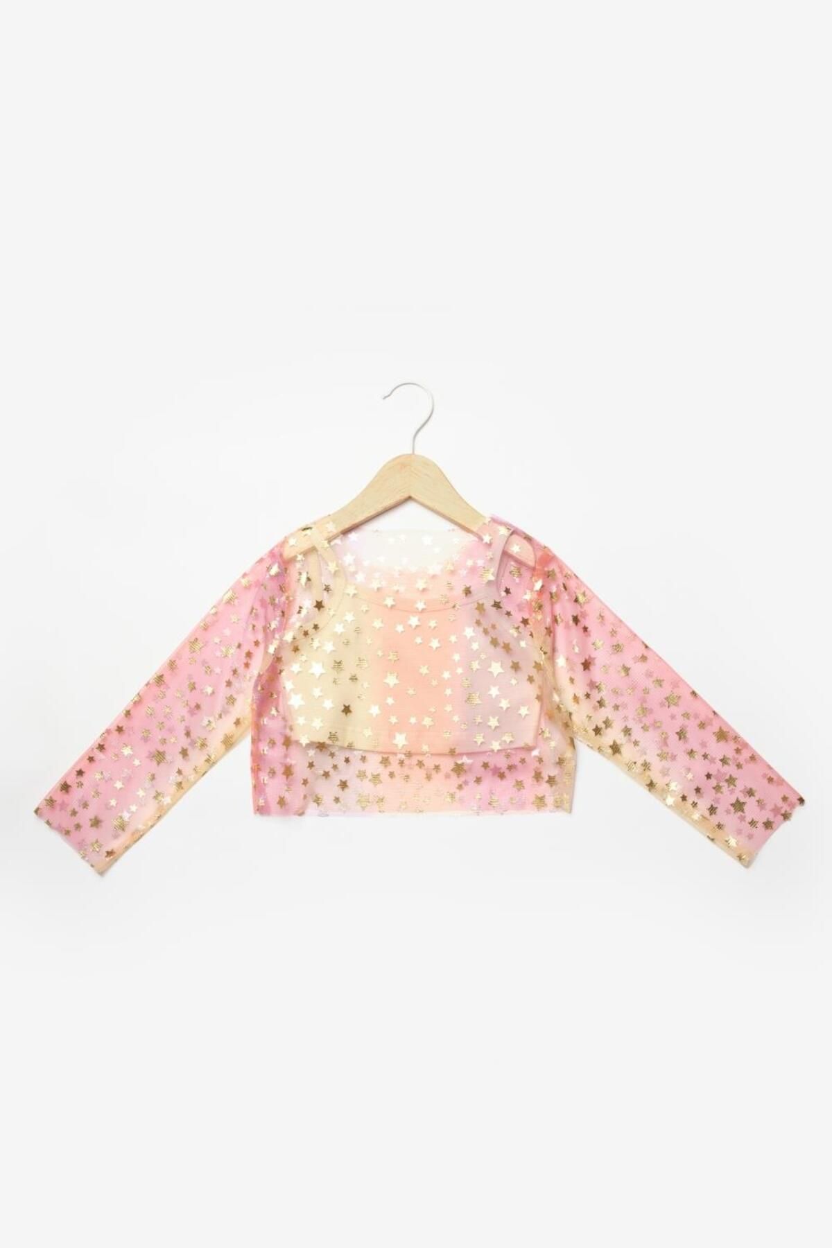 Le Mabelle-Crop Top galben cu mânecă lungă din tul înstelat pentru fete 4