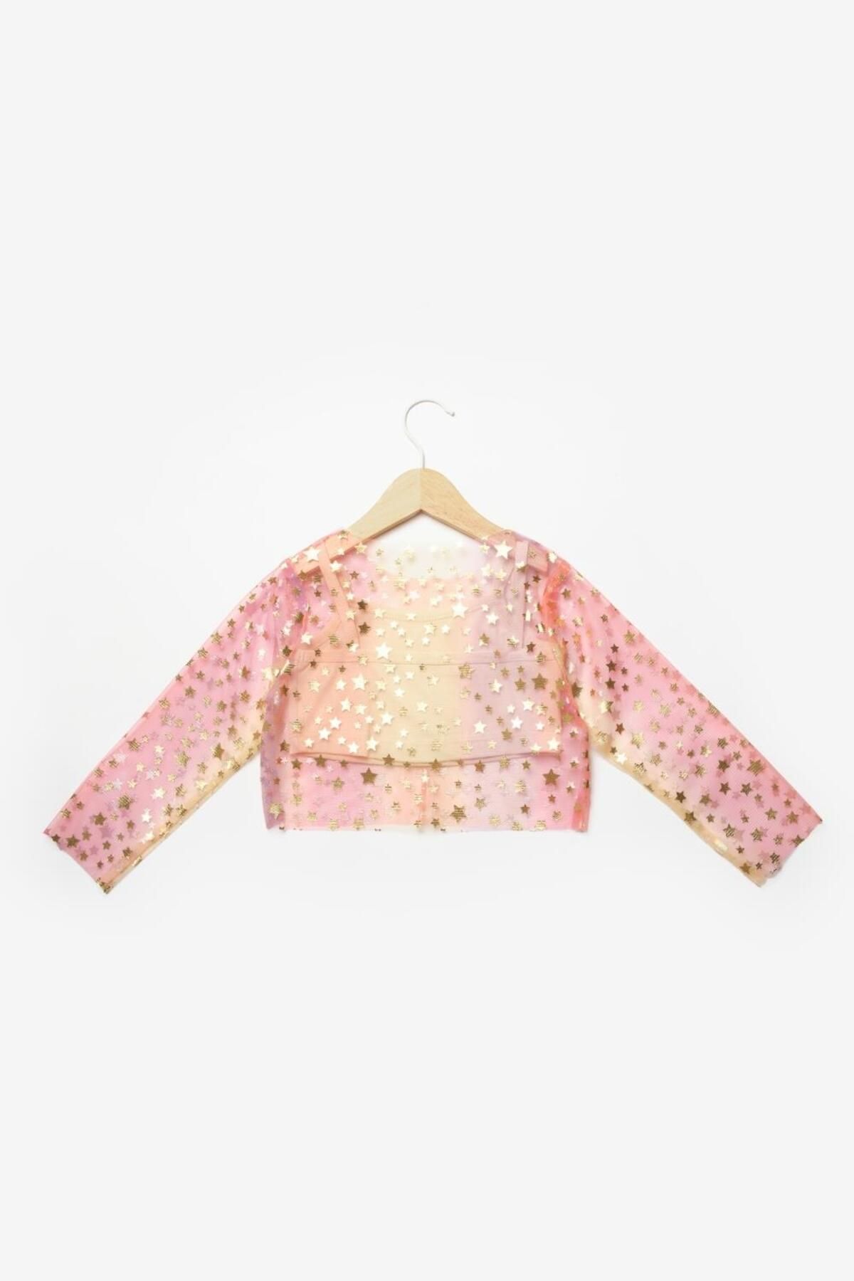 Le Mabelle-Crop Top galben cu mânecă lungă din tul înstelat pentru fete 5