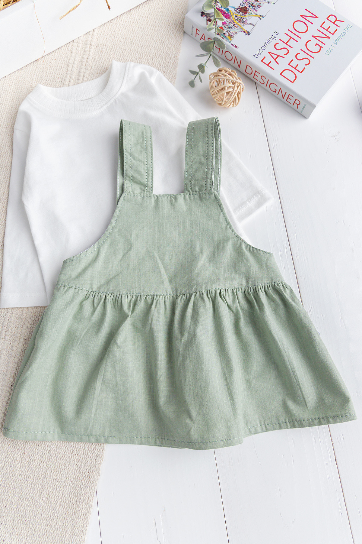 Babymod Çicekli Kedi Nakışlı %100 Pmuklu Kız Bebek Salopet Elbise Jile fotoğrafı 4 (önizleme)