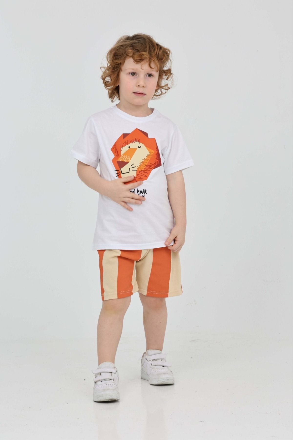 yns coolstar-Unisex Model Lion Patterned Orange Striped Summer Top and Bottom Set 2