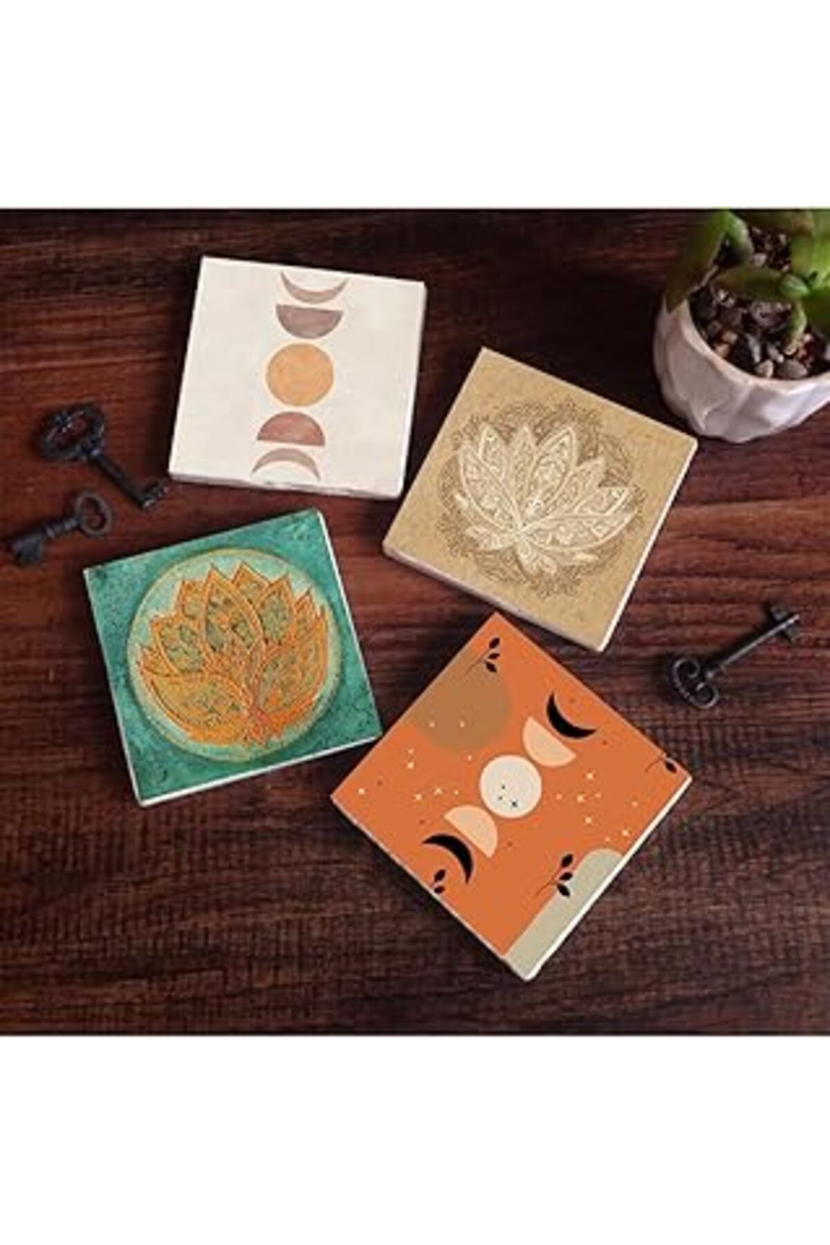 Mu Art Pinecone Bohem, Minimalist Soyut, Lotus Çiçeği Taş Bardak Altlığı Seti - 4 Parça - Dekoratif, Rusti