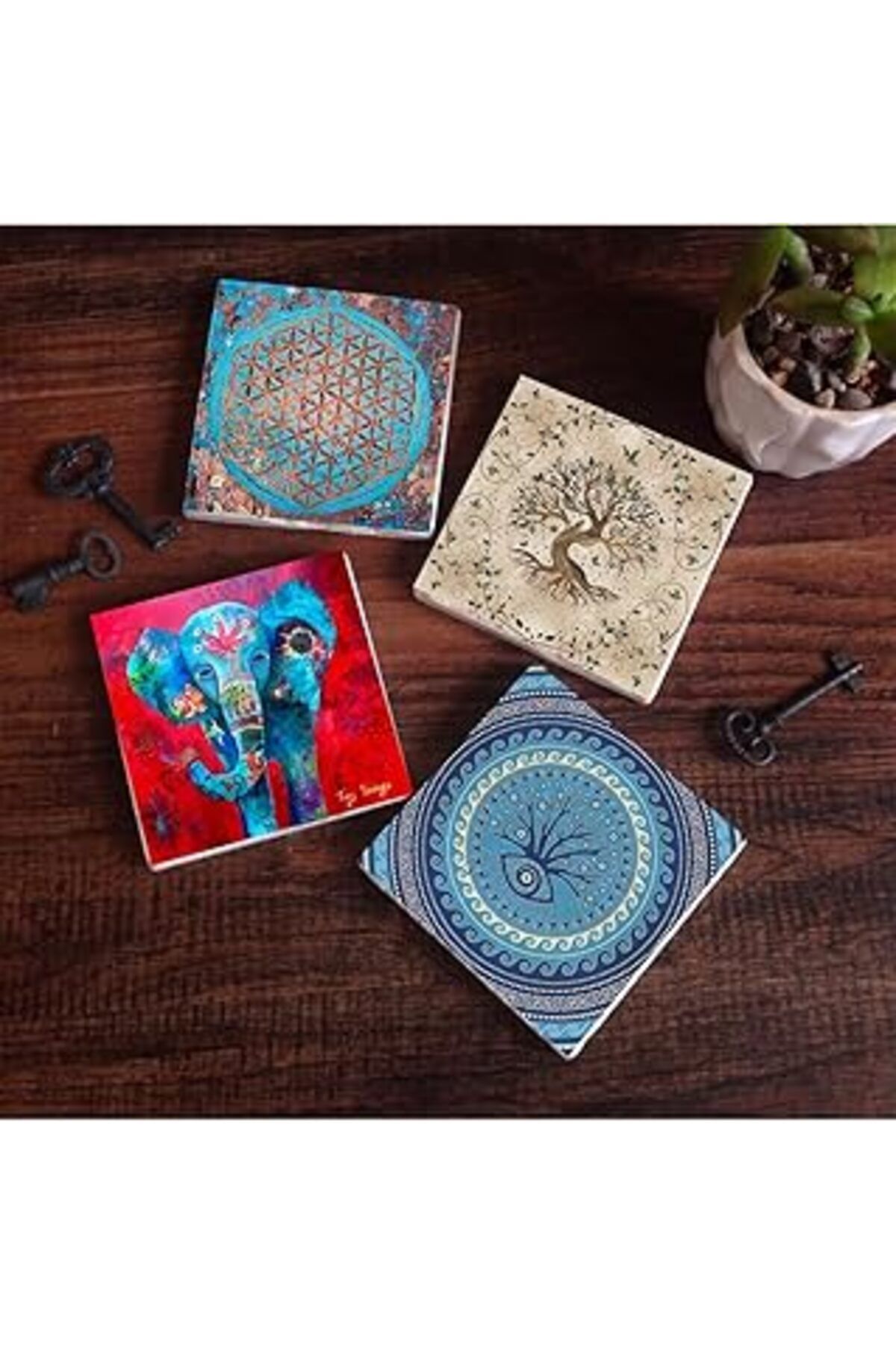 Mu Art Pinecone Fil, Nazar, Yaşam Çiçeği, Hayat Ağacı Taş Bardak Altlığı Seti - 4 Parça - Dekoratif, Rusti