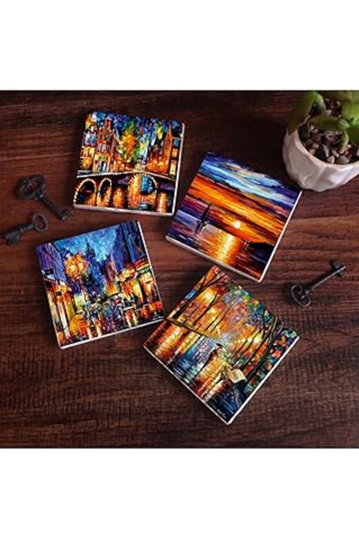 Mu Art Pinecone Deniz Manzarası, Köprü Manzarası, Sokak Manzarası, Fenerler Taş Bardak Altlığı Seti - 4 Pa