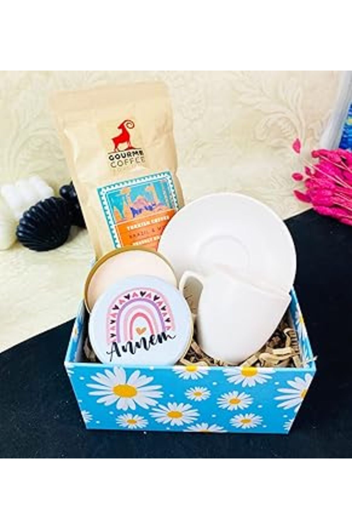Mu Art Ahşap Giftmoda Gökkuşağı Annem Tasarımlı Beyaz Türk Kahvesi Seti