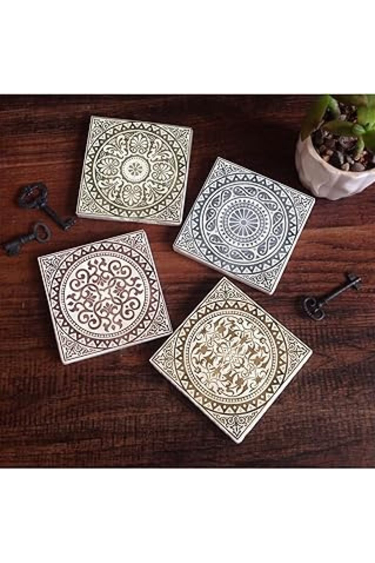 Mu Art Pinecone Etnik Desen Taş Bardak Altlığı Seti - 4 Parça - Dekoratif, Rustik Mutfak Aksesuarı, 10X10