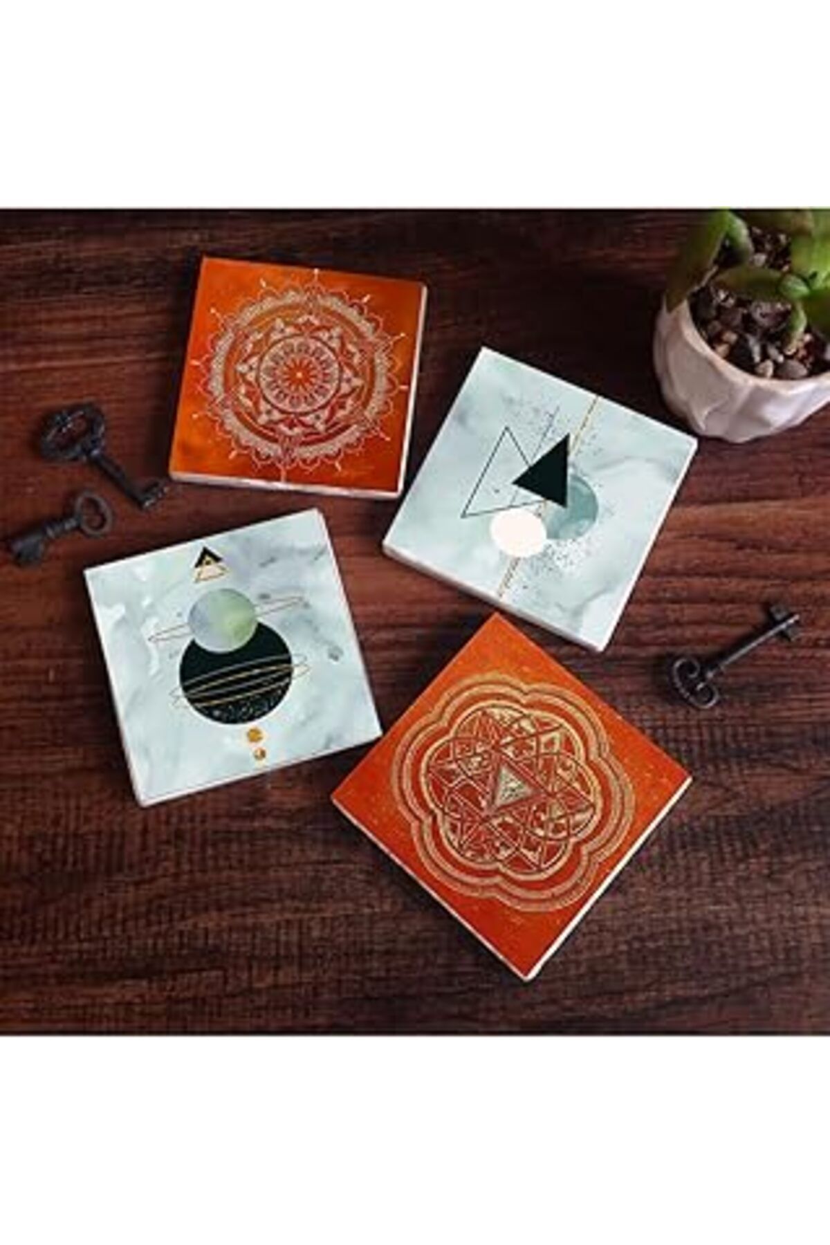 Mu Art Pinecone Minimalist Soyut, Sri Yantra, Mandala Taş Bardak Altlığı Seti - 4 Parça - Dekoratif, Rusti