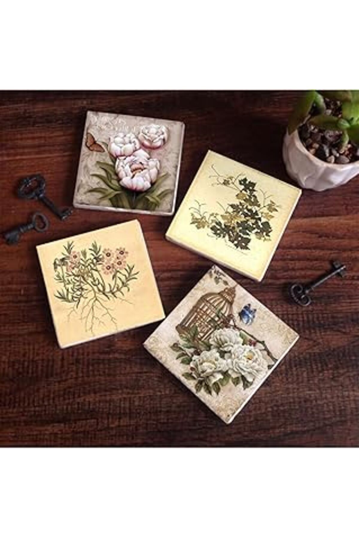 Mu Art Pinecone Vintage Çiçek, Kelebekli Çiçek Taş Bardak Altlığı Seti - 4 Parça - Dekoratif, Rustik Mutfa