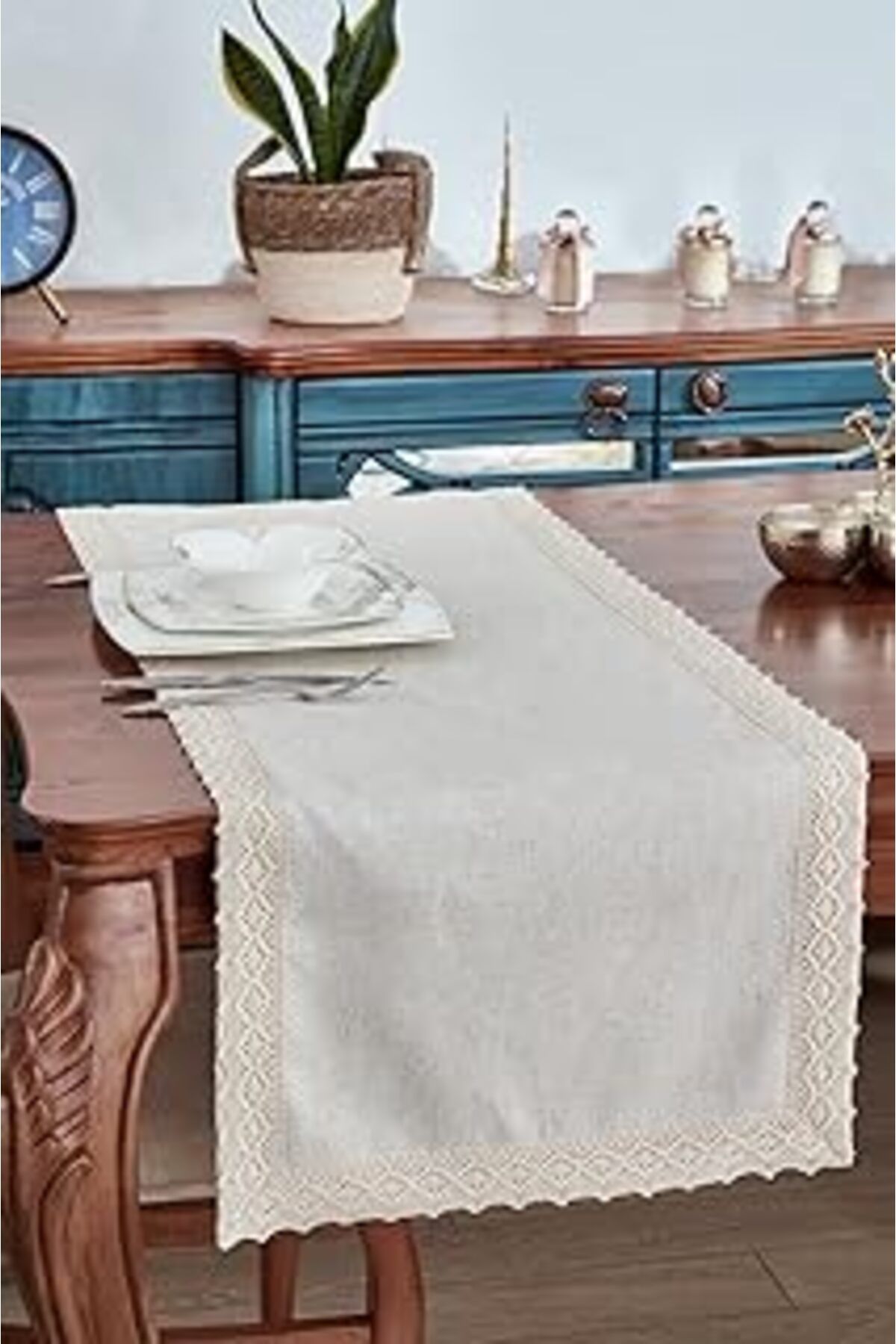 TBSProjects %100 Keten Pamuk Dantelli Runner 50X130 Cm Linen Kumaş Masa Örtüsü Sehpa Leke Tutmaz Mutfak Bej
