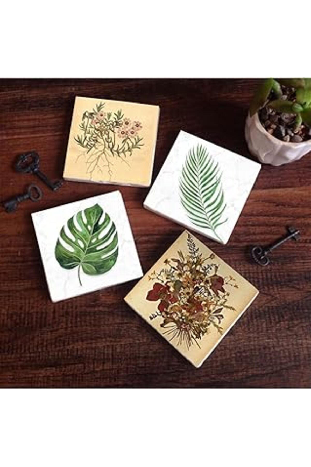 Mu Art Ahşap Pinecone Vintage Çiçek, Yaprak Taş Bardak Altlığı Seti - 4 Parça - Dekoratif, Rustik Mutfak Aksesua